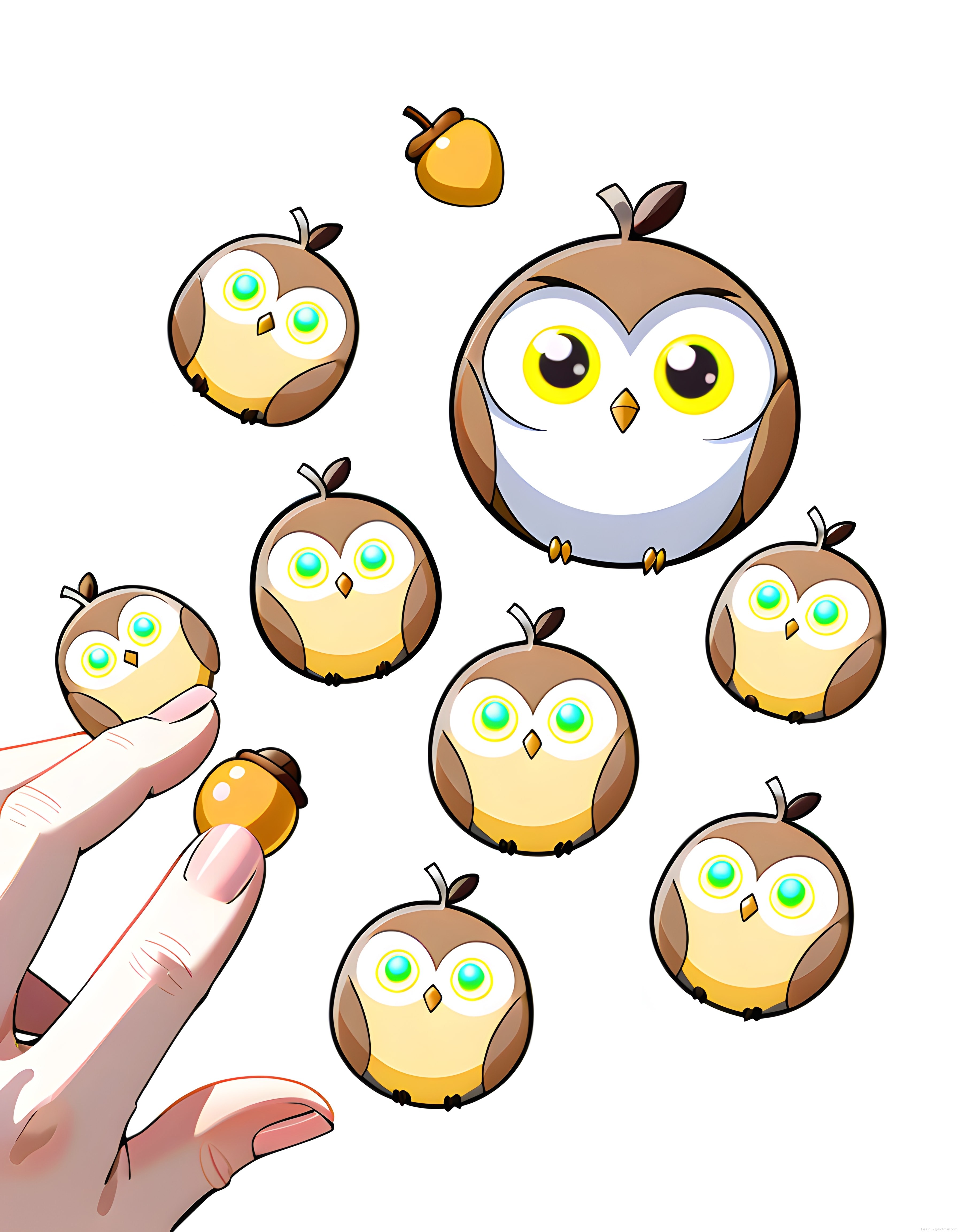 Sevimli Karikatür Baykuş Sticker Seti ve Fındık Detaylarıyla Renkli İllüstrasyon