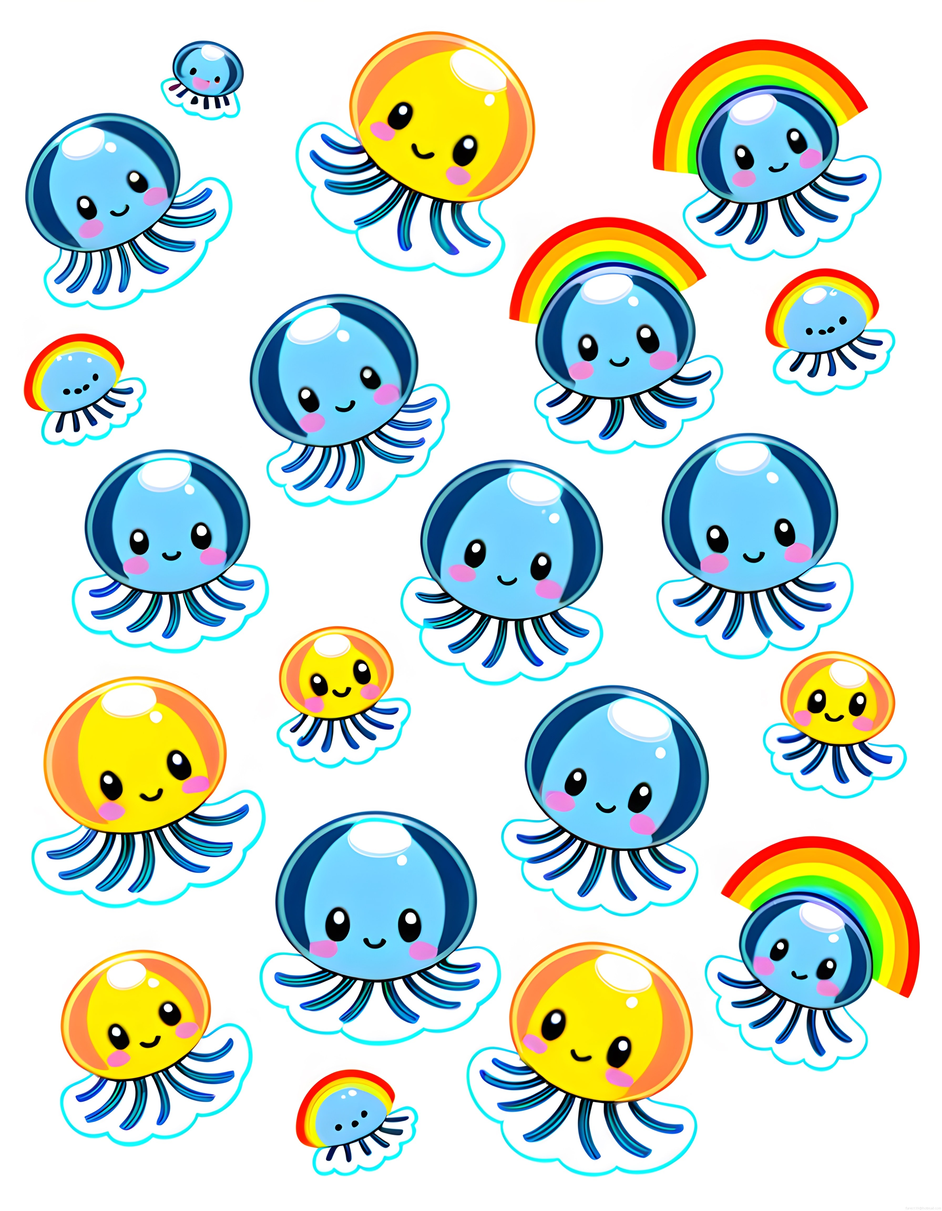 Sevimli karikatür denizanaları ve gökkuşağı motifli kawaii çıkartma seti