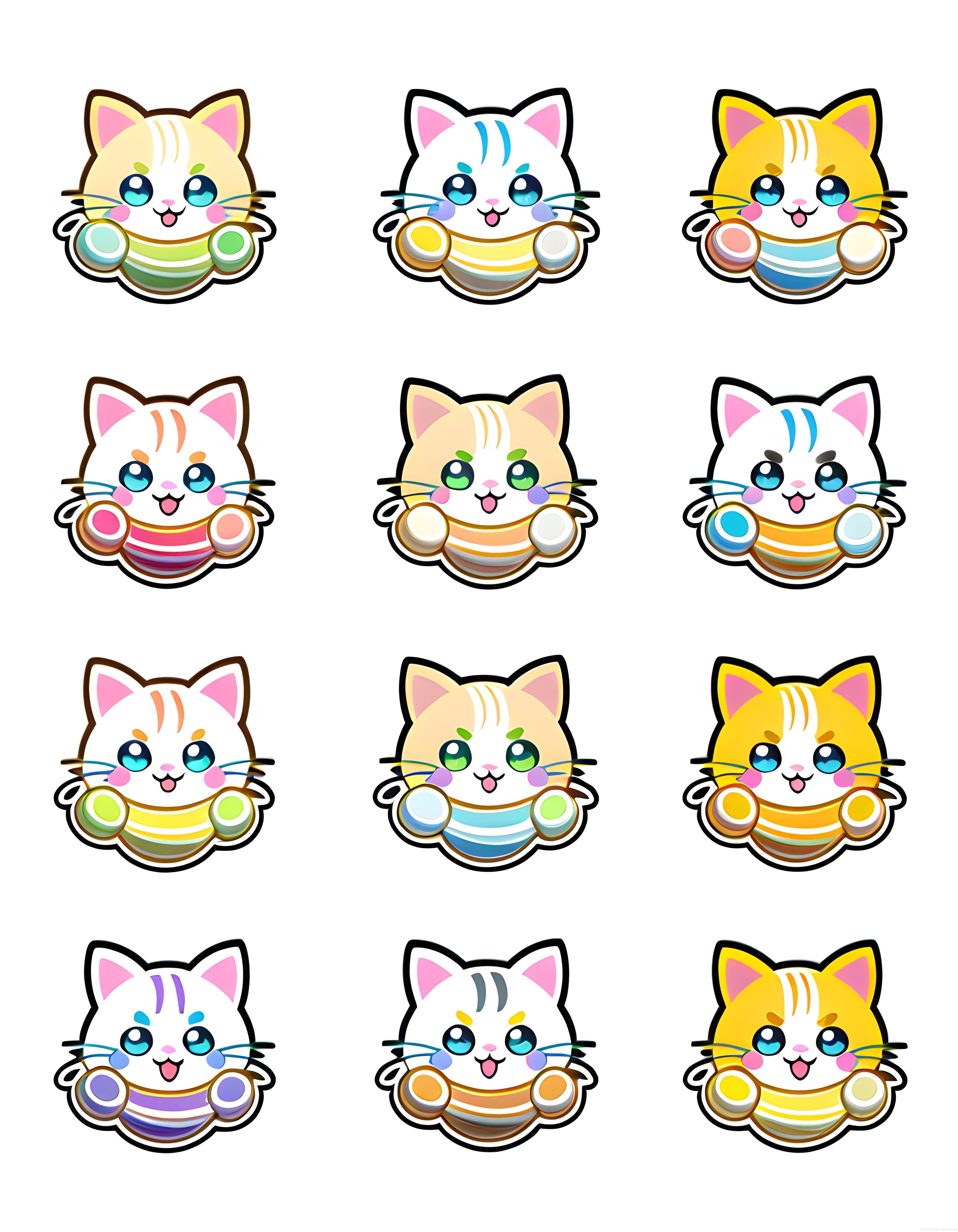 Sevimli karikatür kedi yüzleri koleksiyonu renkli patili mutlu sticker seti