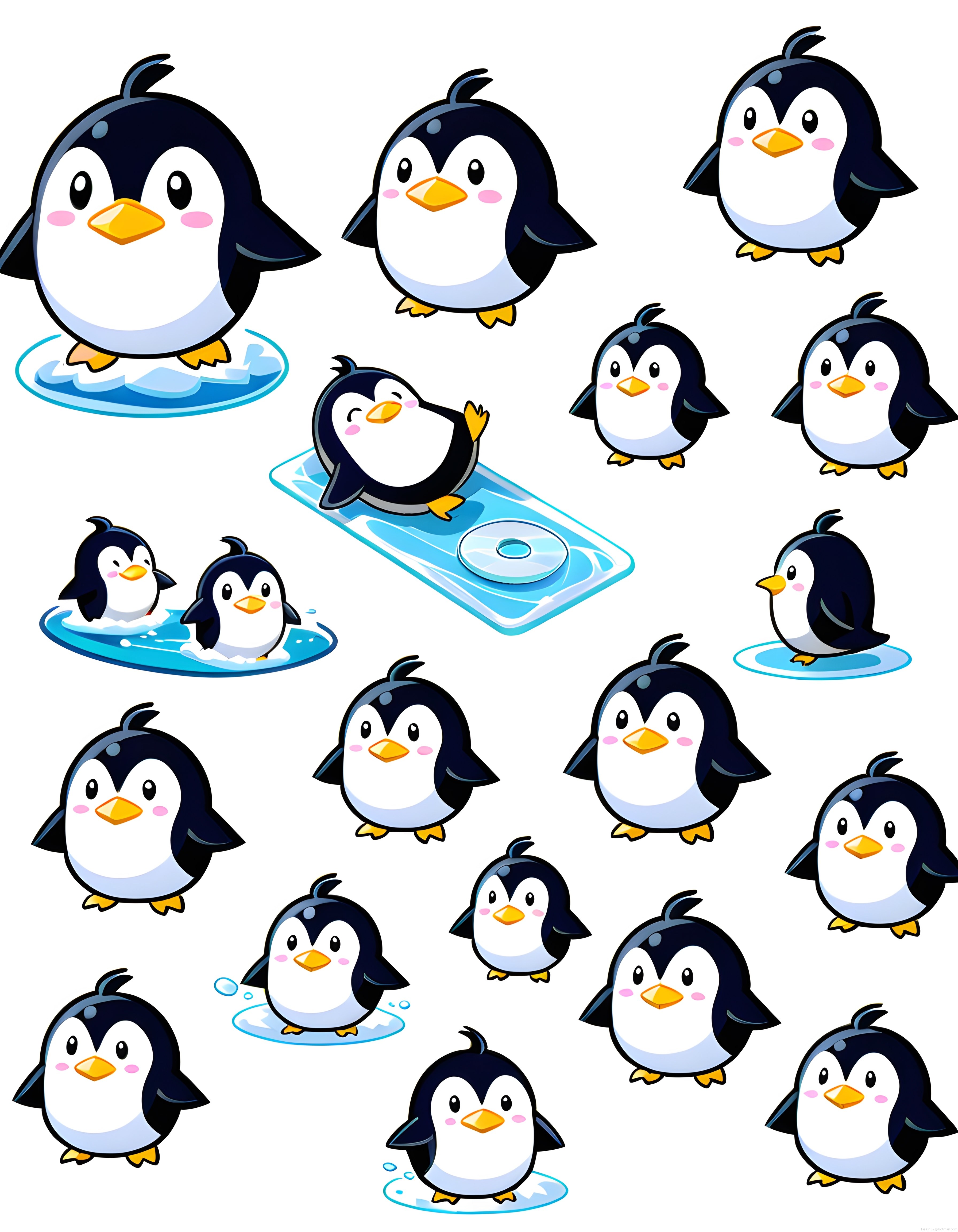 Sevimli Karikatür Penguen Karakterleri ve Buzdaki Eğlenceli Pozları