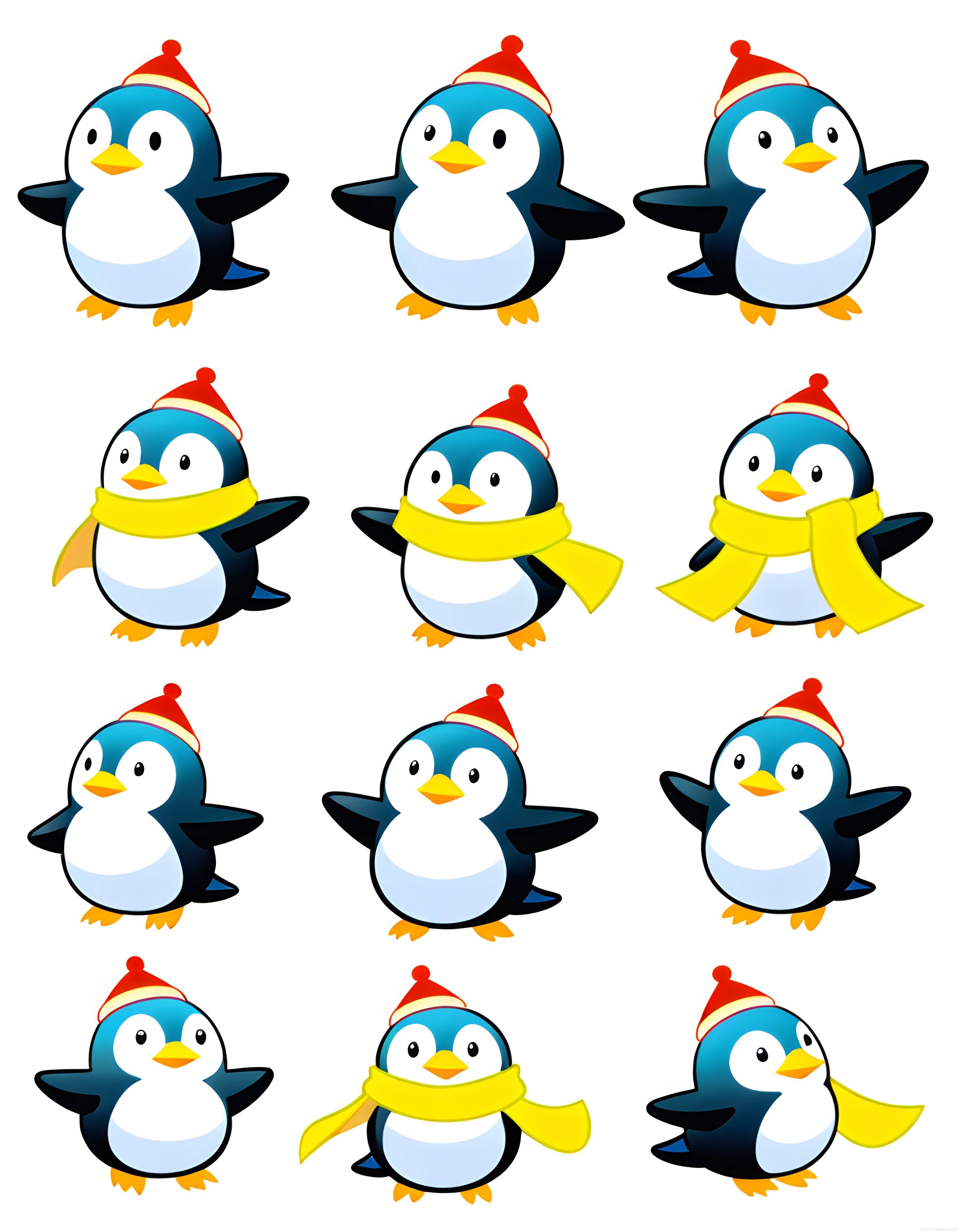 Sevimli Karikatür Penguenler Kırmızı Şapka ve Sarı Atkılı Kış Temalı Çizim Seti
