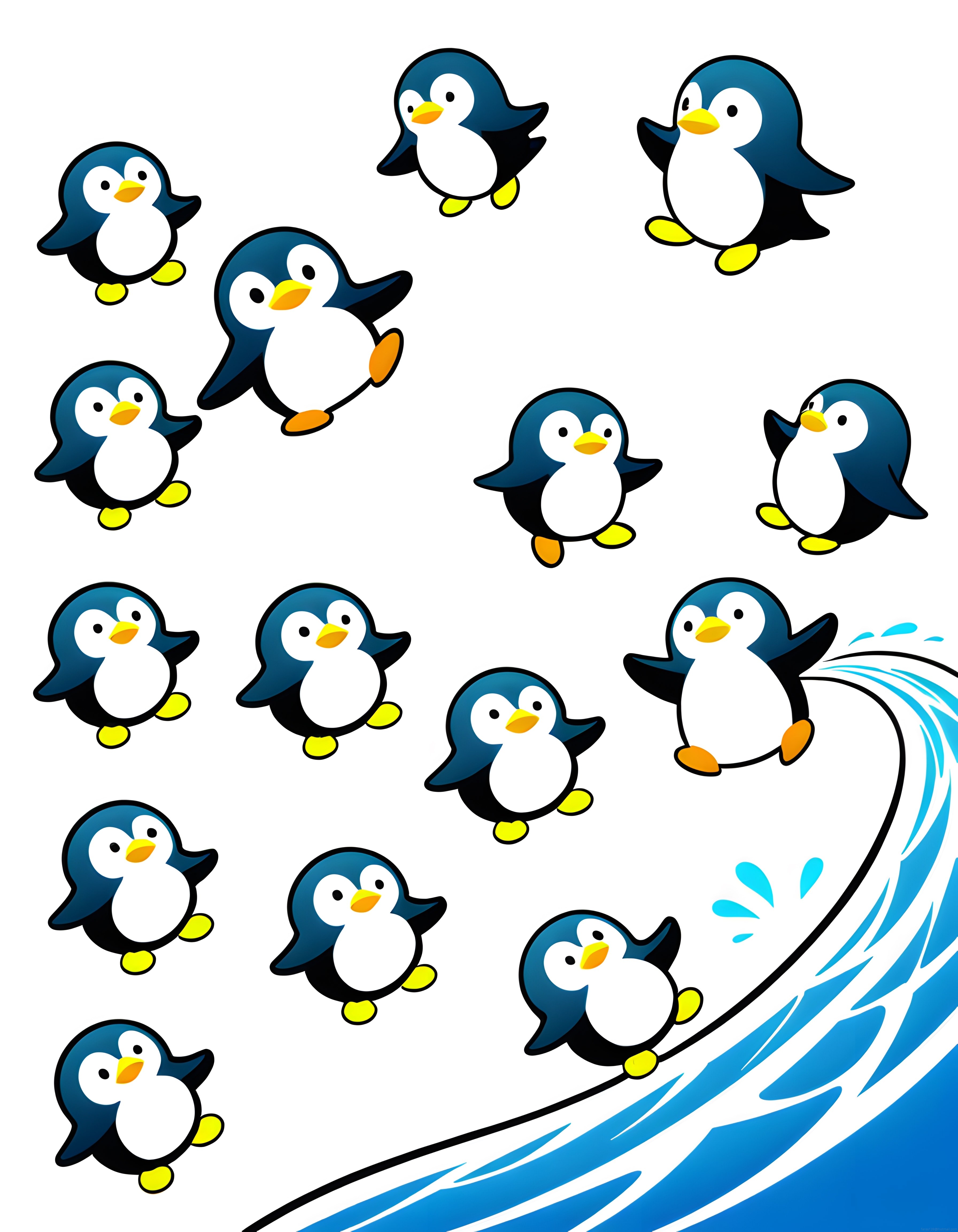 Sevimli Karikatür Penguenlerin Eğlenceli Sörf Macerası ve Neşeli Dansı