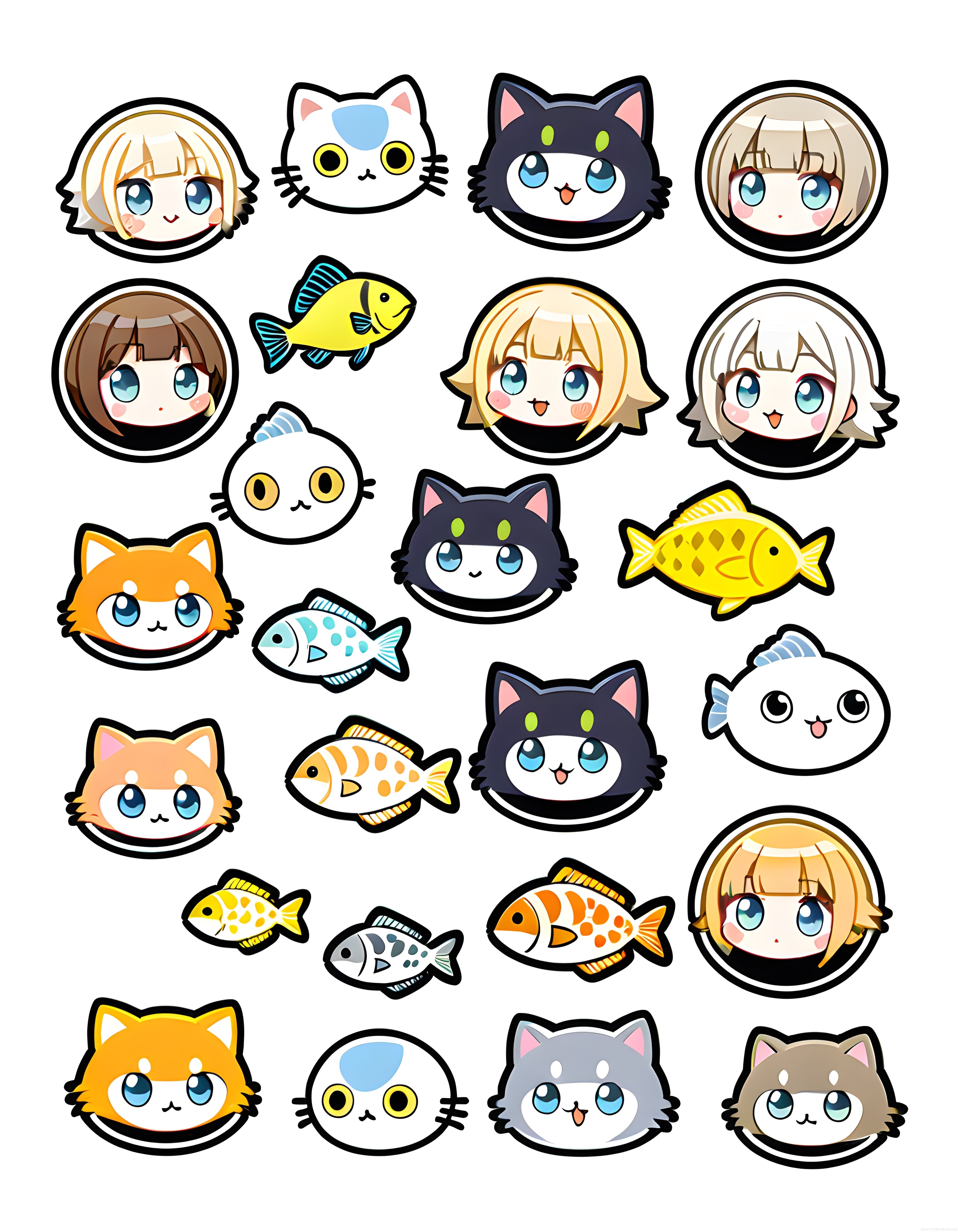 Sevimli Kawaii Anime Kızları, Renkli Kedi ve Balık Sticker Çizim Seti