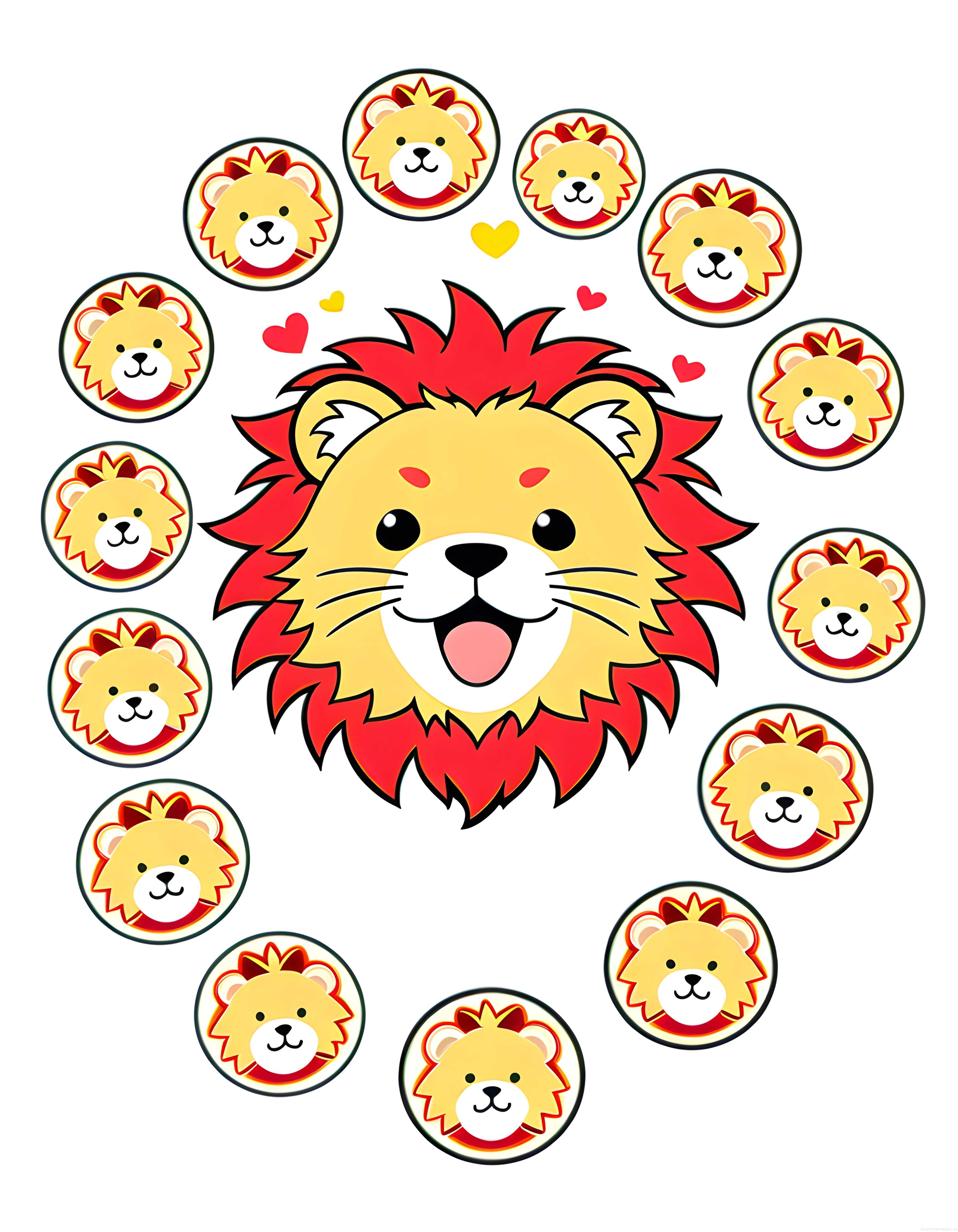 Sevimli Kawaii Aslan İllüstrasyonu ve Mini Rozetlerden Oluşan Dijital Set