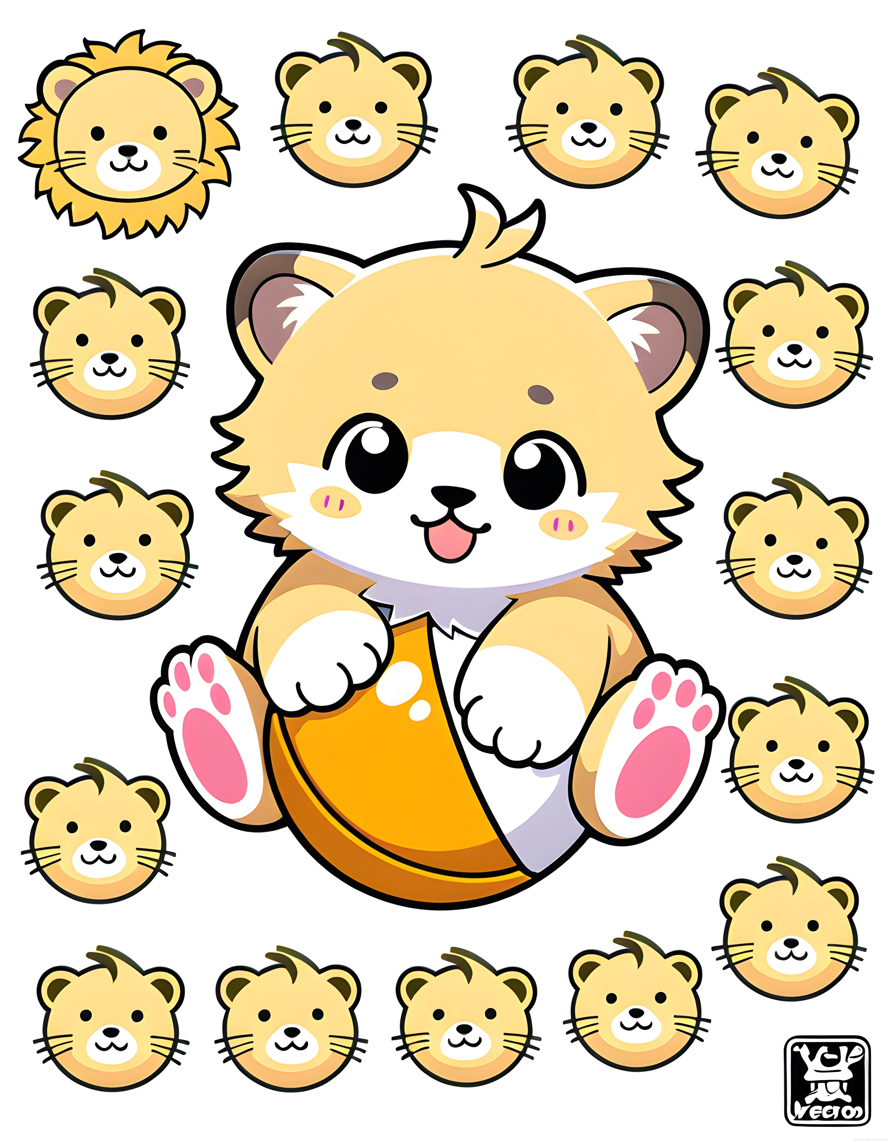 Sevimli kawaii aslan karakteri ve çeşitli yüz ifadeleri vektör çizim