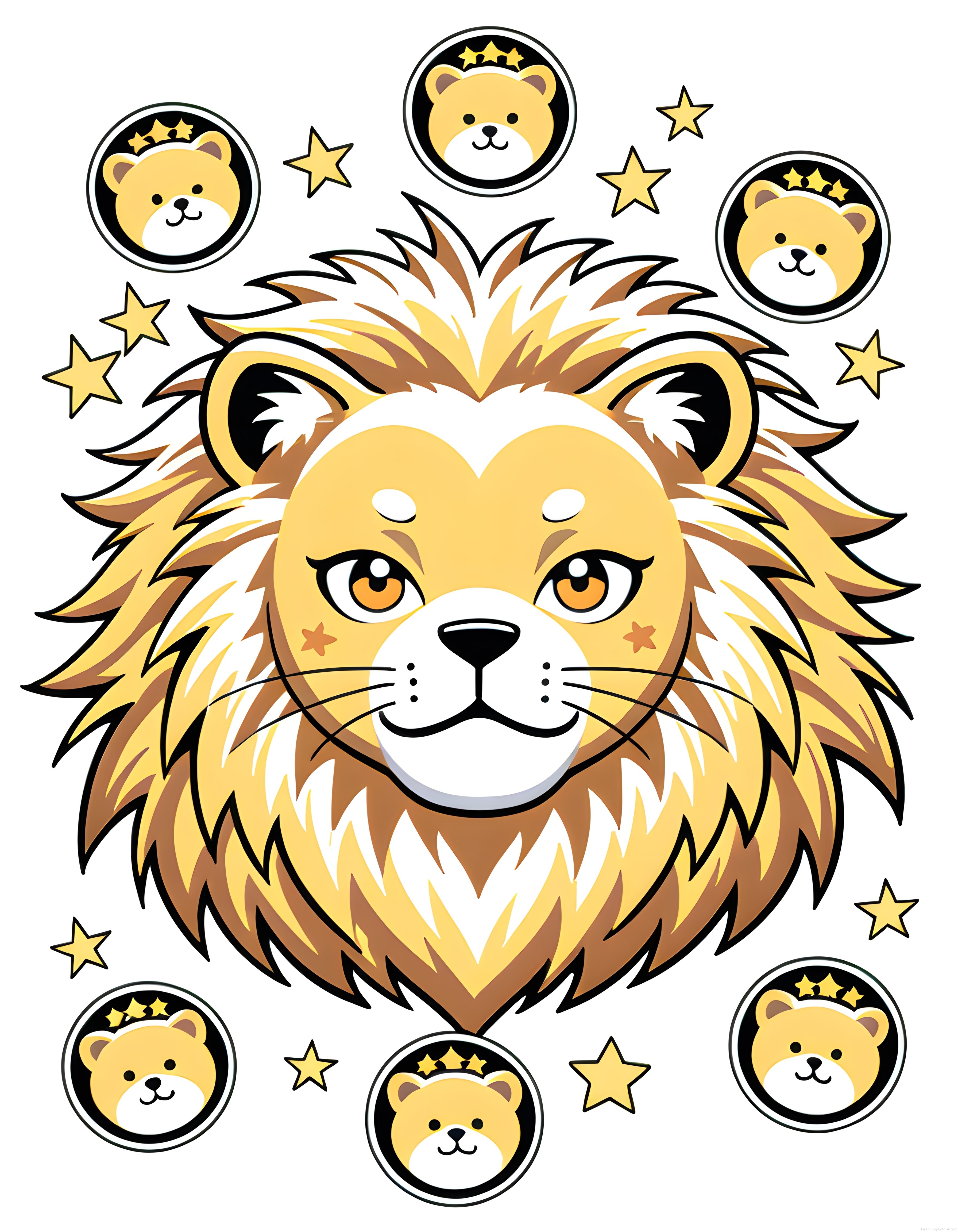 Sevimli Kawaii Aslan Yüzü ve Taçlı Ayıcıklar ile Çocuk Odası Vektör Çizimi
