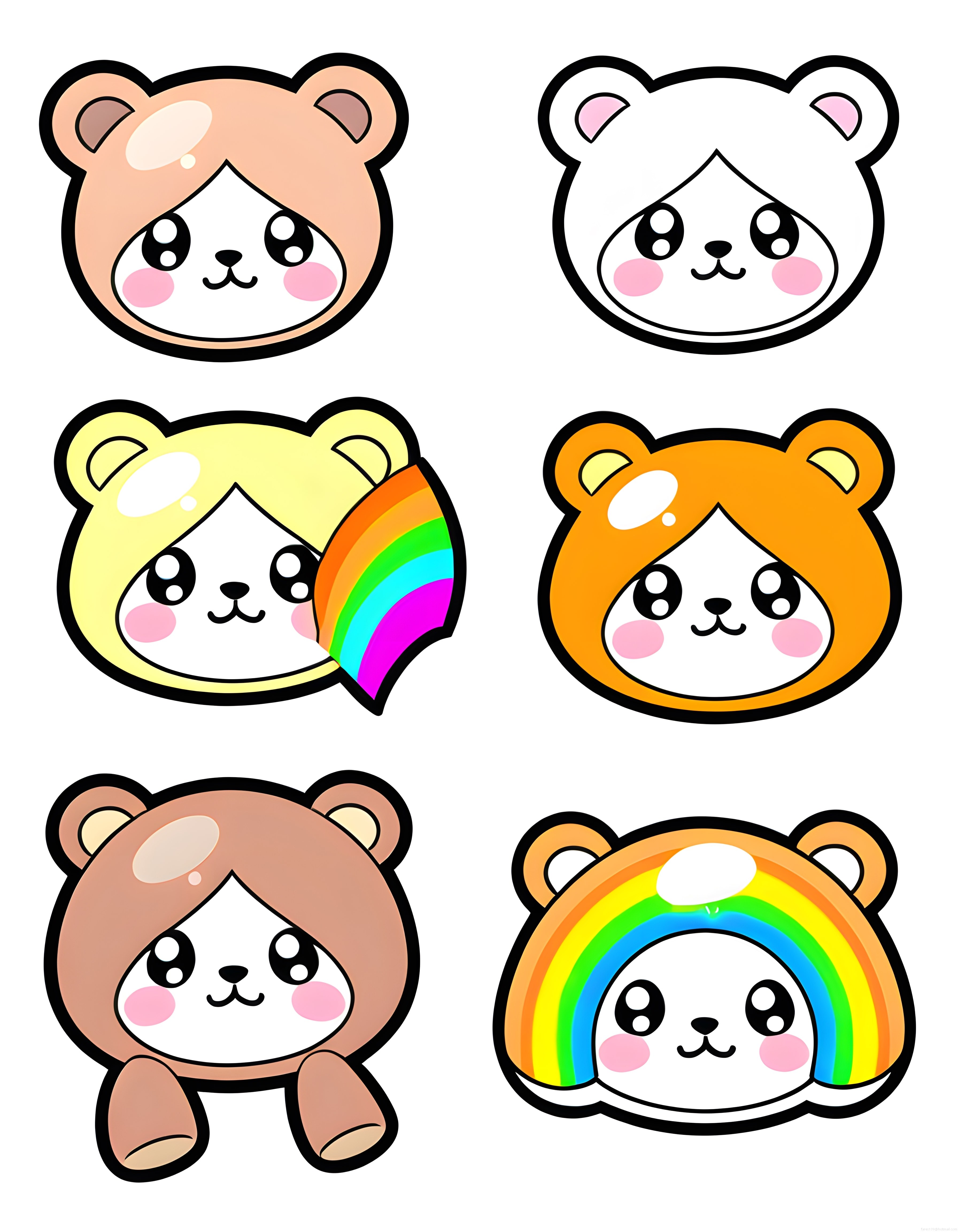 Sevimli Kawaii Ayı Yüzleri Çıkartma Seti Gökkuşağı ve Pastel Karakterler