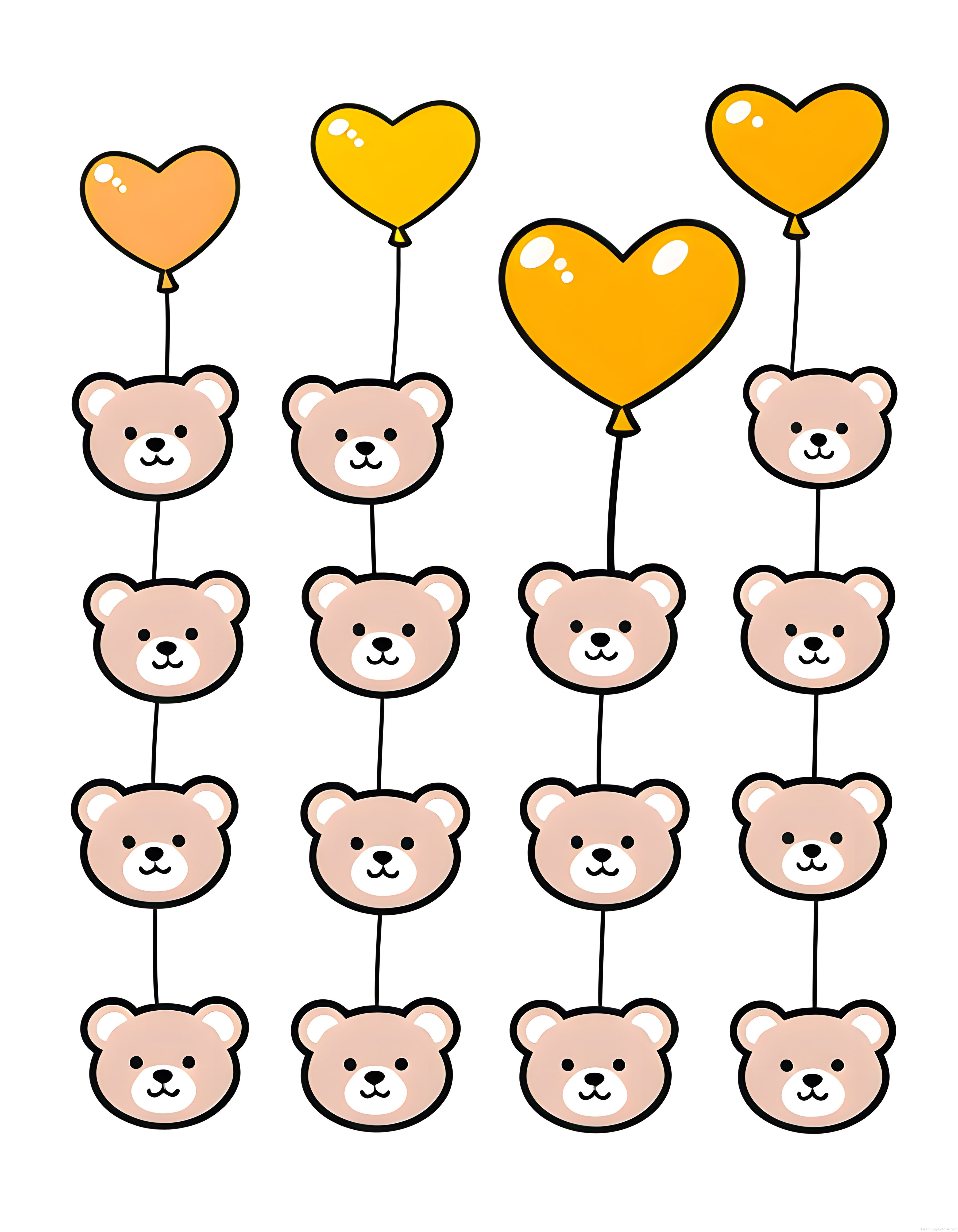 Sevimli kawaii ayıcık başları ve sarı kalp balonlarla süslenmiş çocuk deseni
