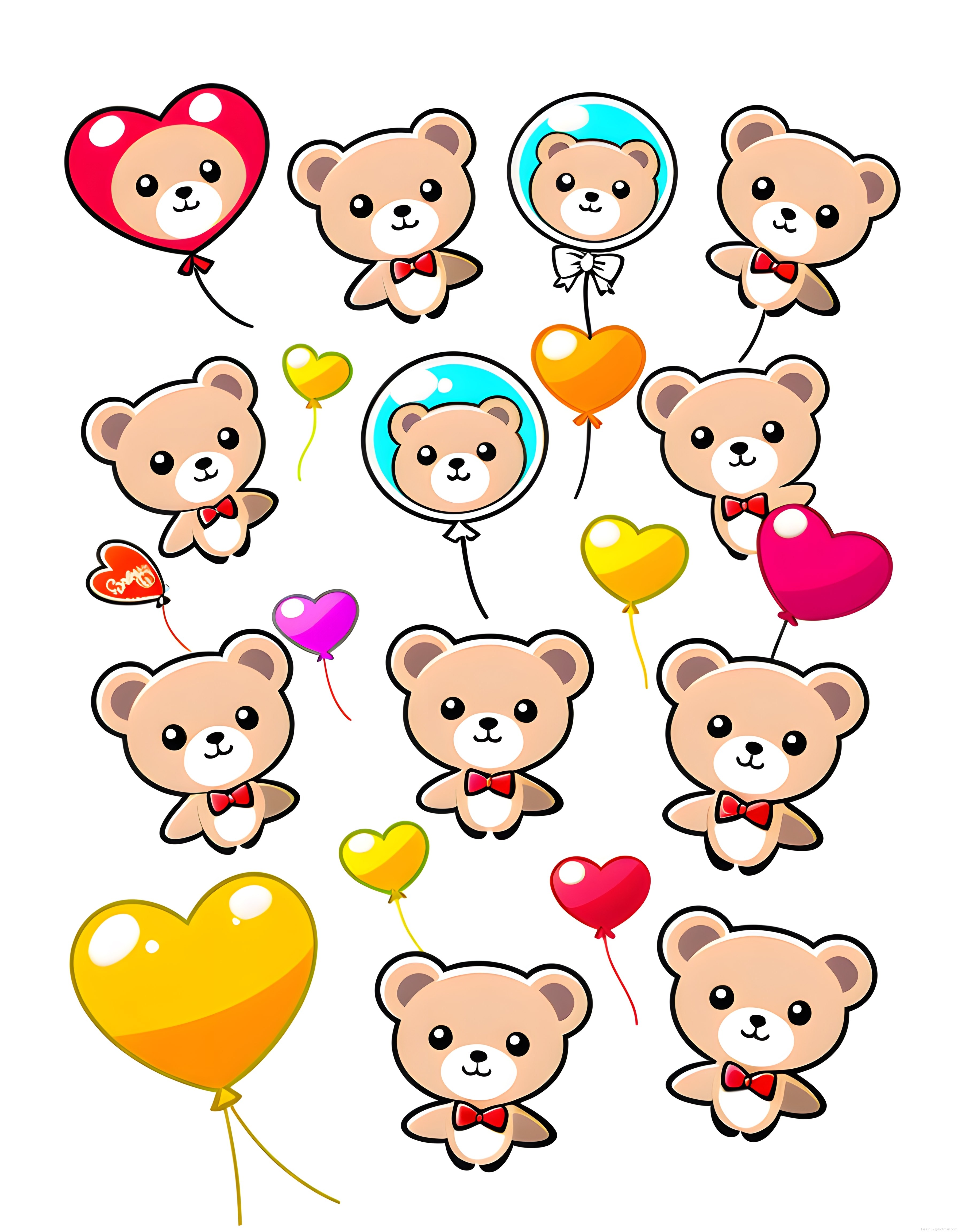 Sevimli Kawaii Ayıcık Karakterleri ve Renkli Kalp Balonlar Vektörel Sticker Seti