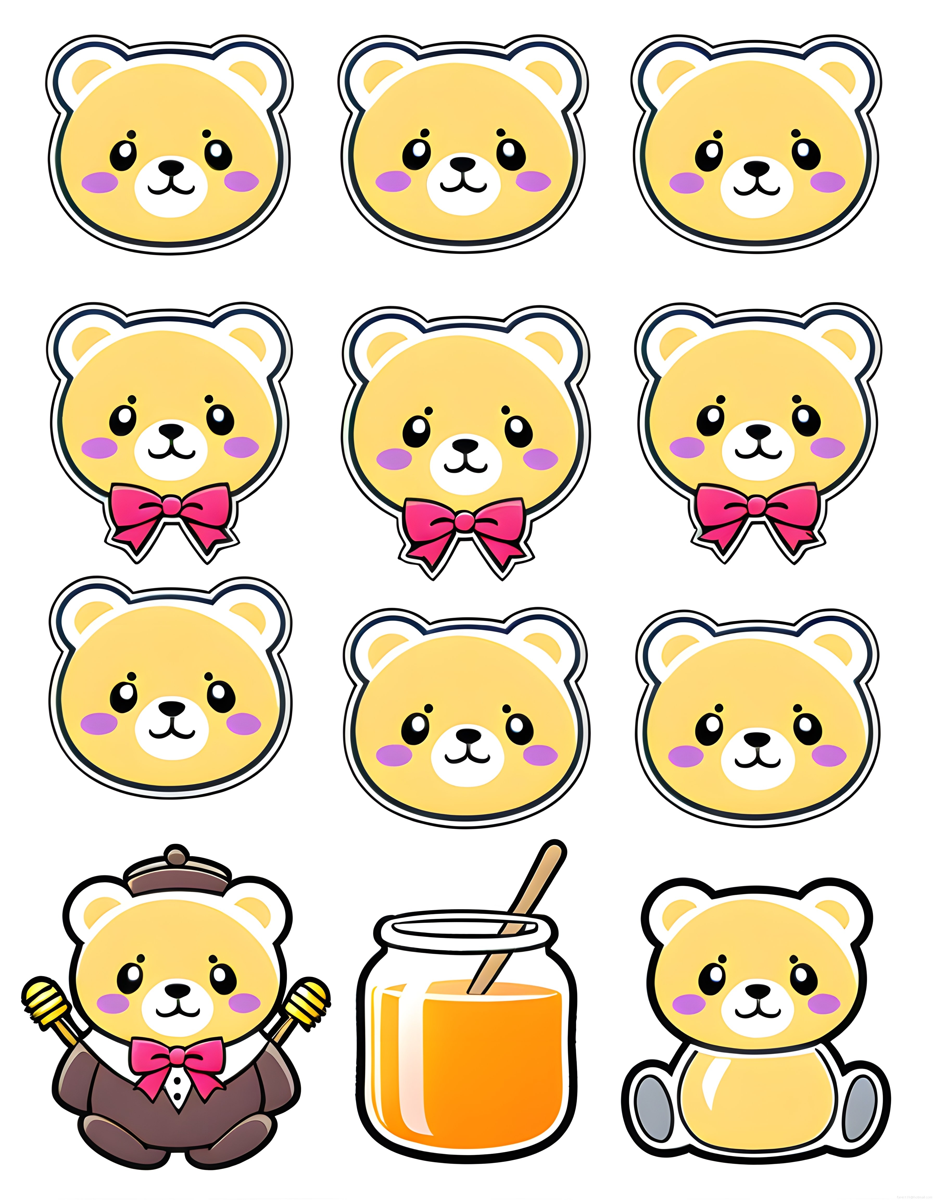 Sevimli Kawaii Ayıcık Vektör Çizim Seti: Papyon, Bal ve Sticker Tasarımları