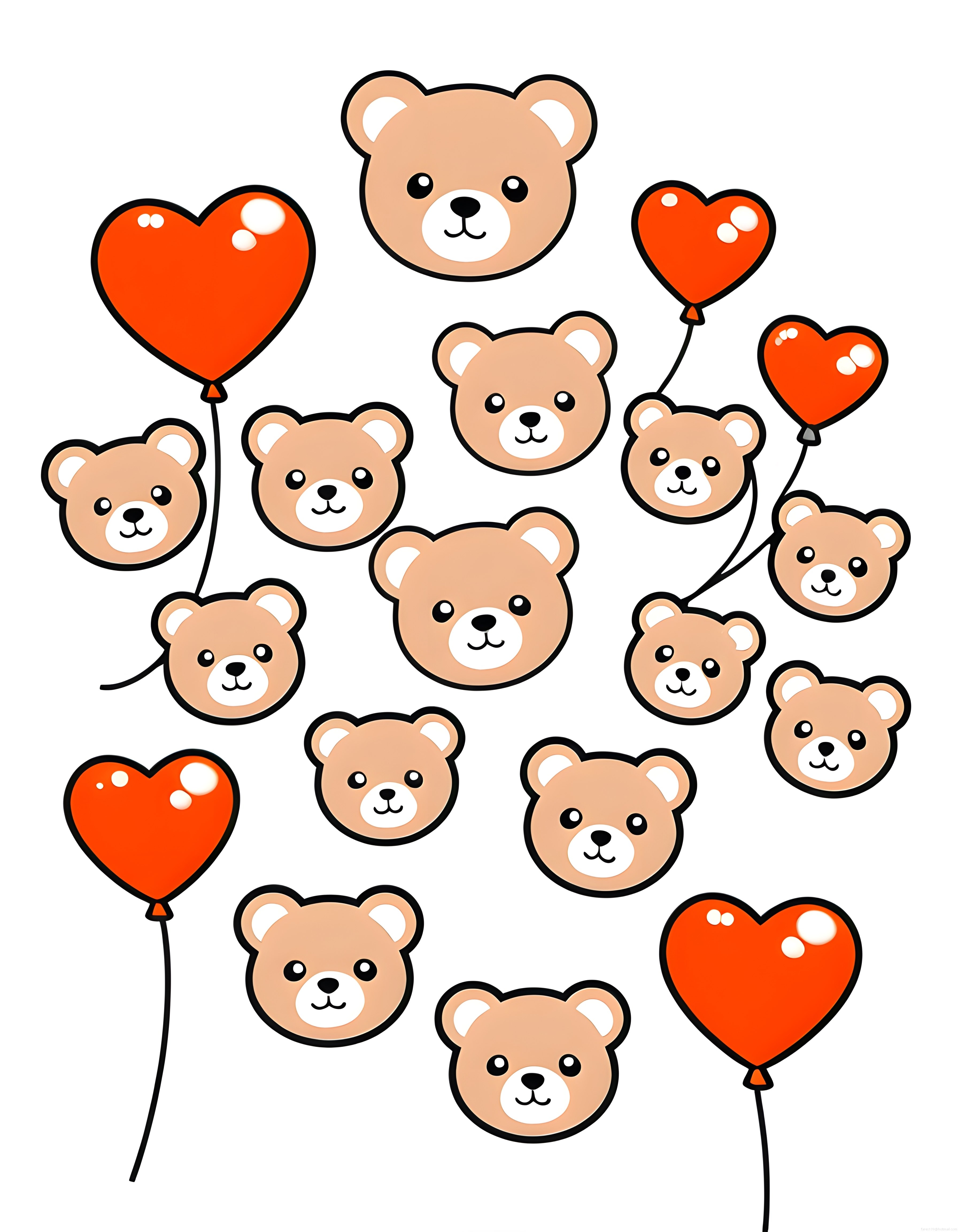 Sevimli Kawaii Ayıcık Yüzleri ve Kırmızı Kalp Balonlar Dijital Desen