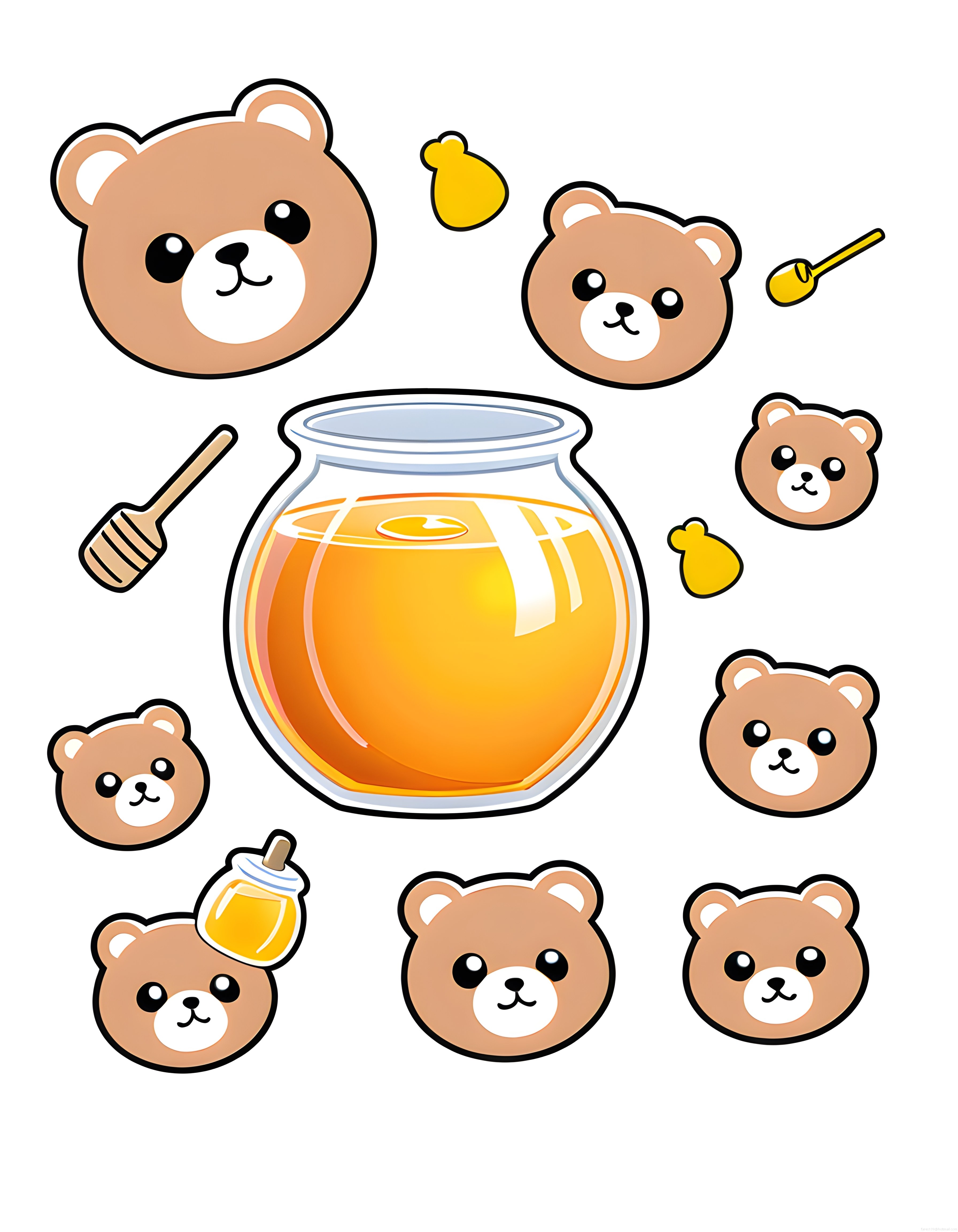 Sevimli Kawaii Ayıcıklar ve Bal Kavanozu İçeren Tatlı Çizim Seti