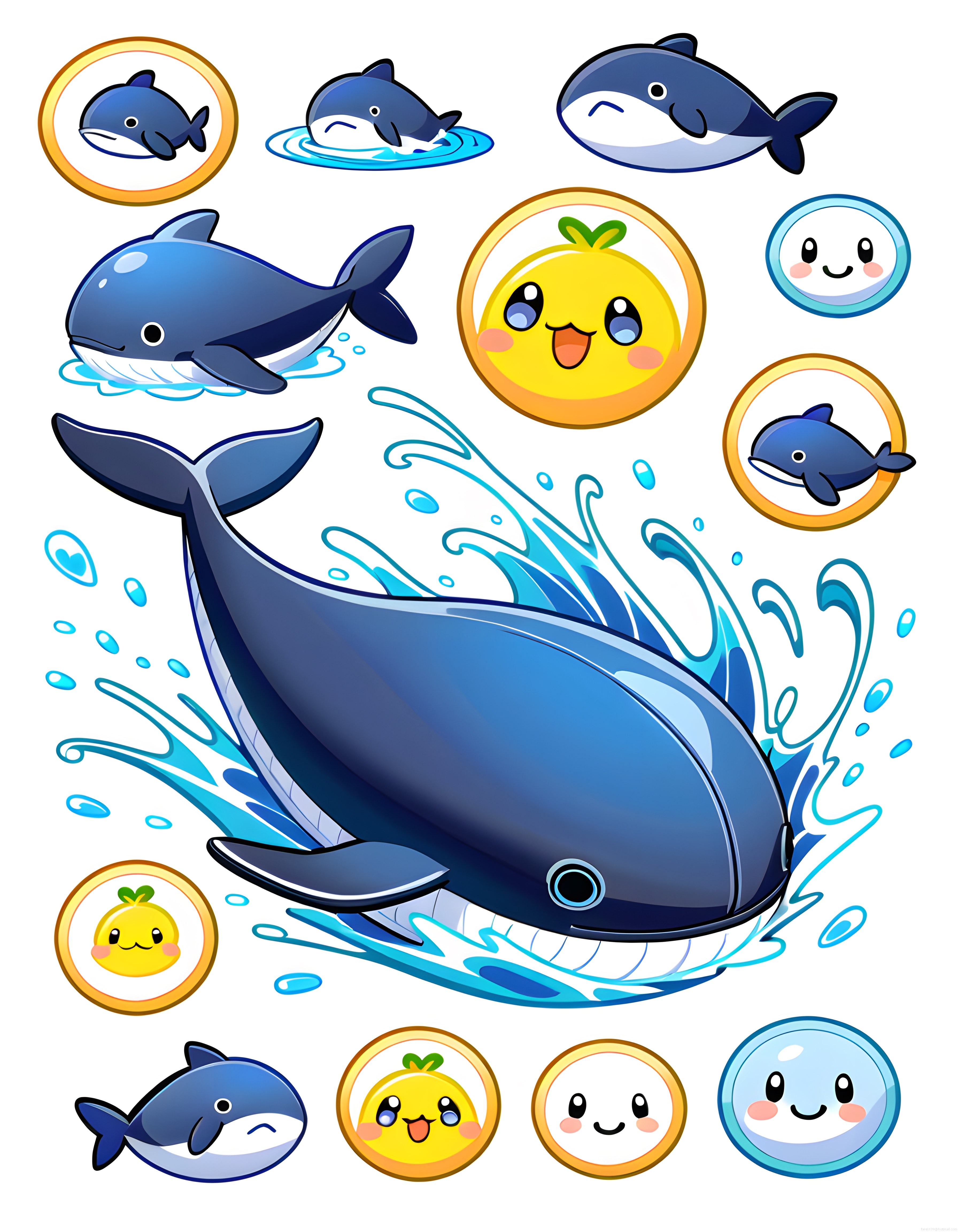 Sevimli kawaii balina ve limon emoji karakterleri dijital sticker seti