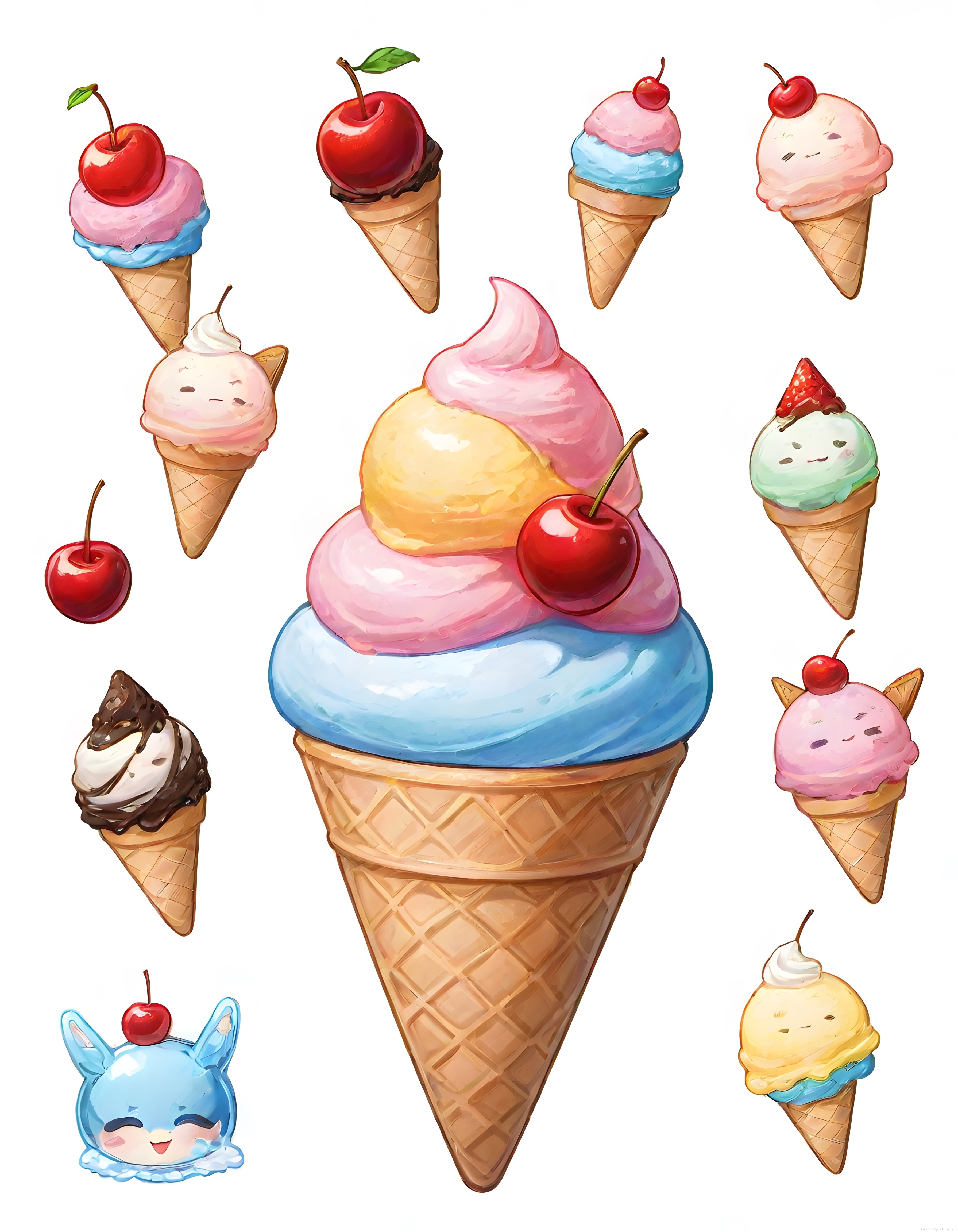 Sevimli Kawaii Dondurma Külahları ve Renkli Pastel Tatlı İllüstrasyonları