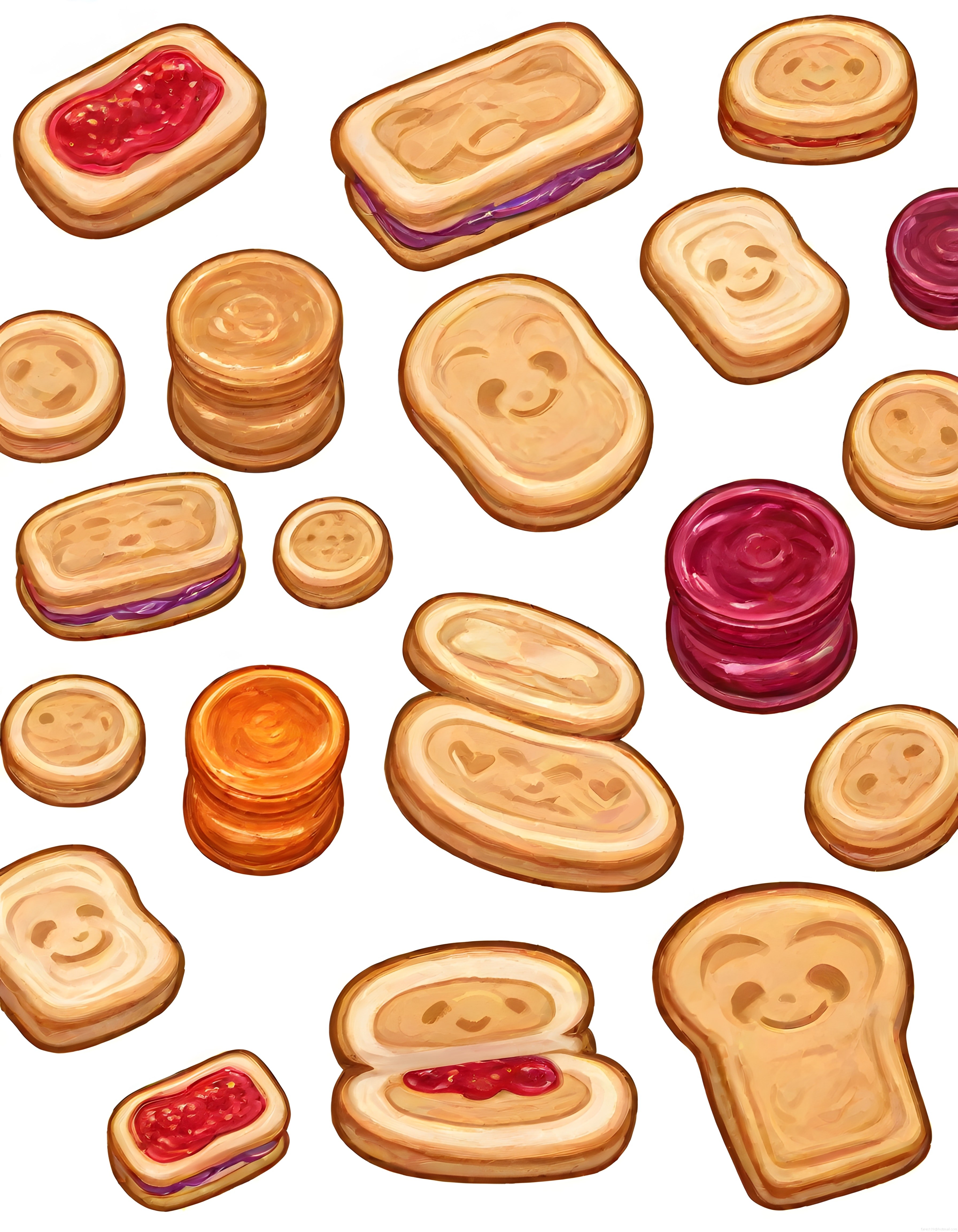 Sevimli Kawaii Ekmekler, Tostlar ve Reçel Kavanozlarıyla Kahvaltı Deseni