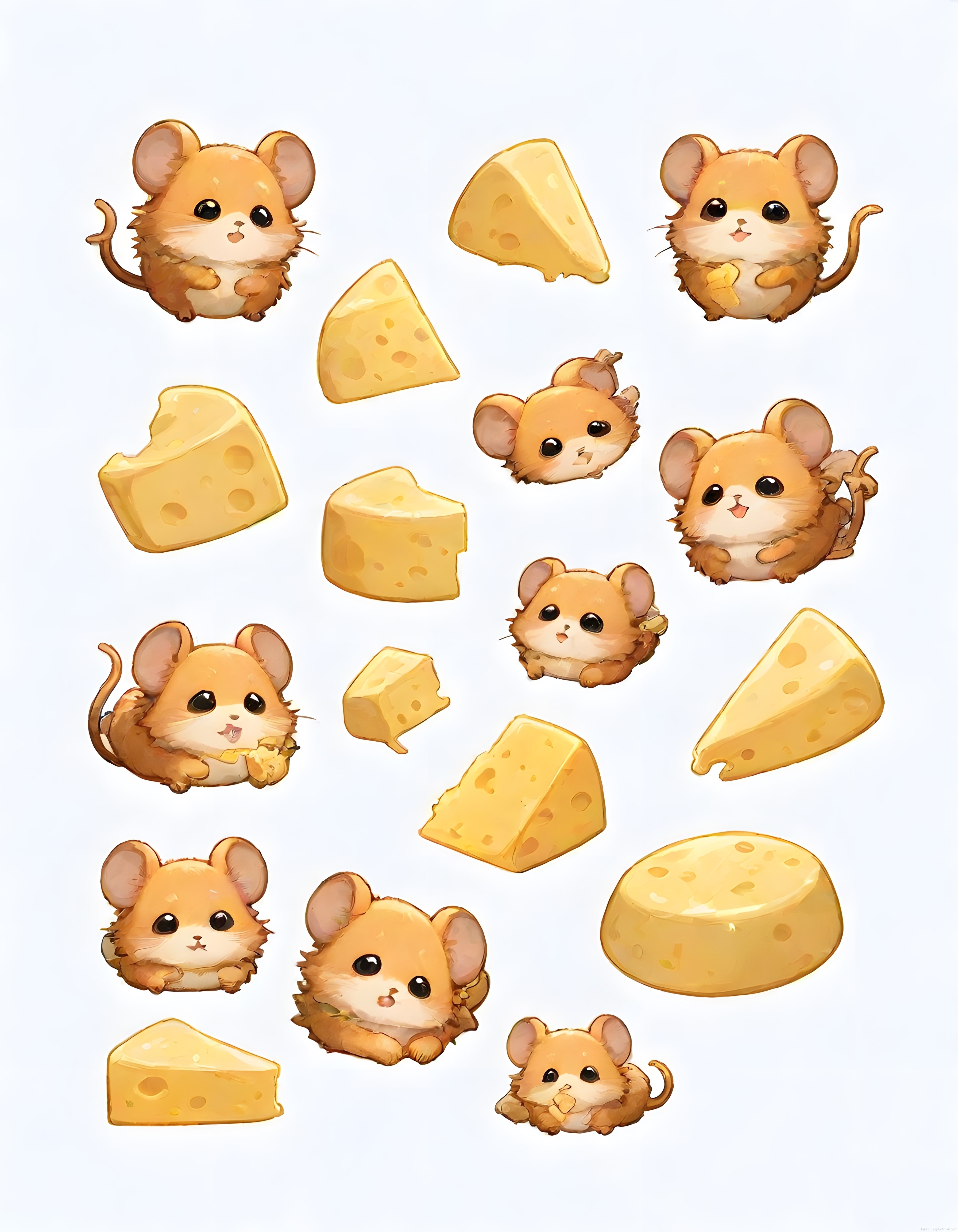 Sevimli Kawaii Fare ve Sarı Peynir Dijital Sticker Çizimleri Koleksiyonu