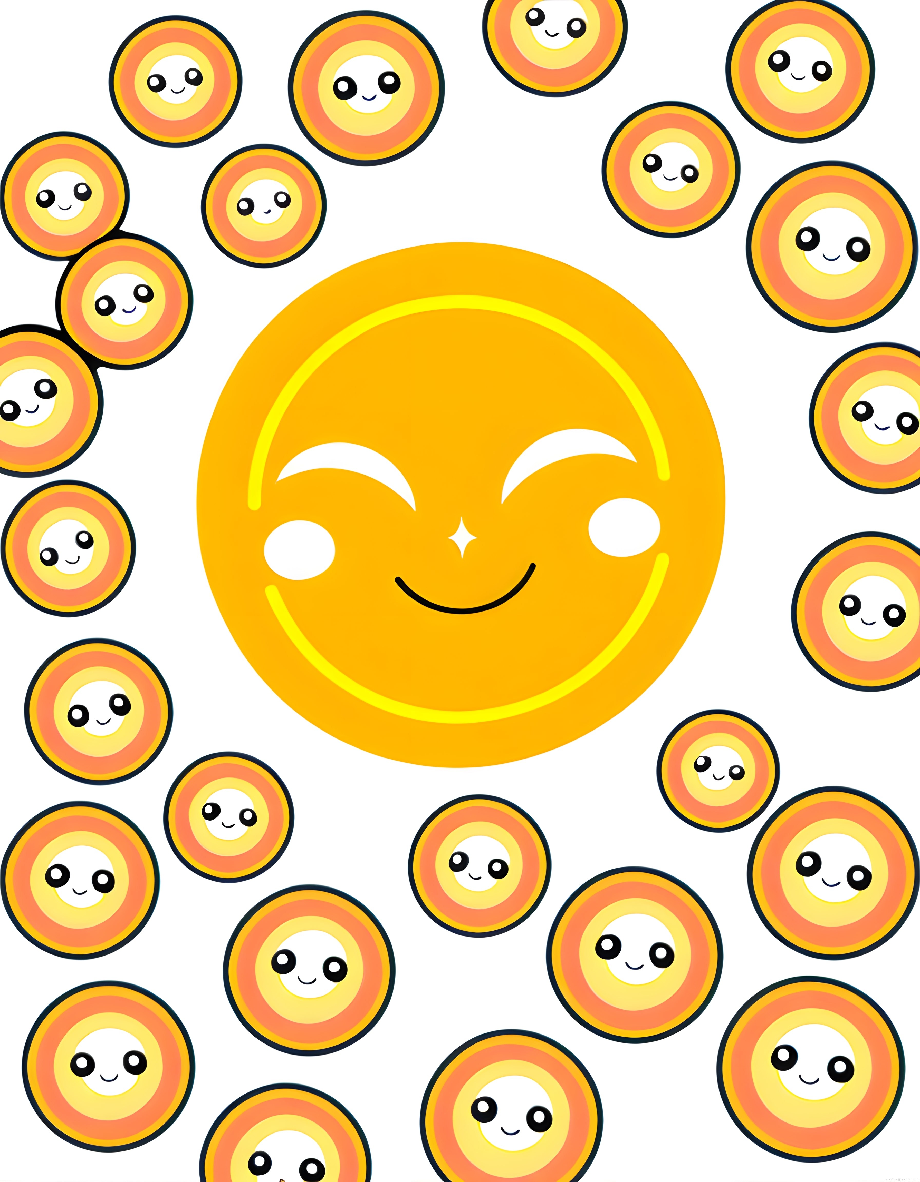 Sevimli Kawaii Güneş Karakterleri ve Mutlu Emoji Daireleri Arka Plan Tasarımı