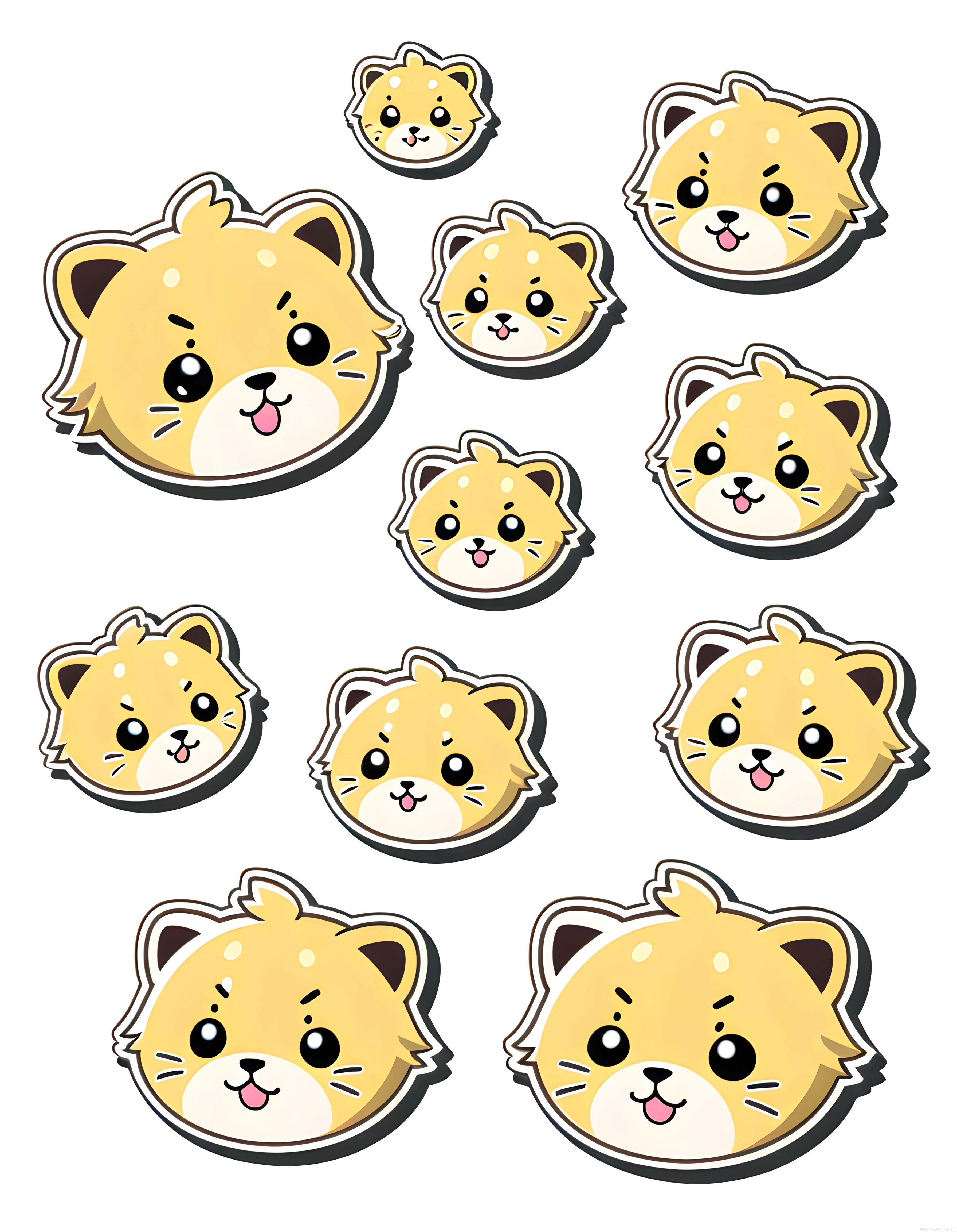 Sevimli kawaii kaplan yüzü sticker seti farklı boyutlarda dijital sanat çizimleri