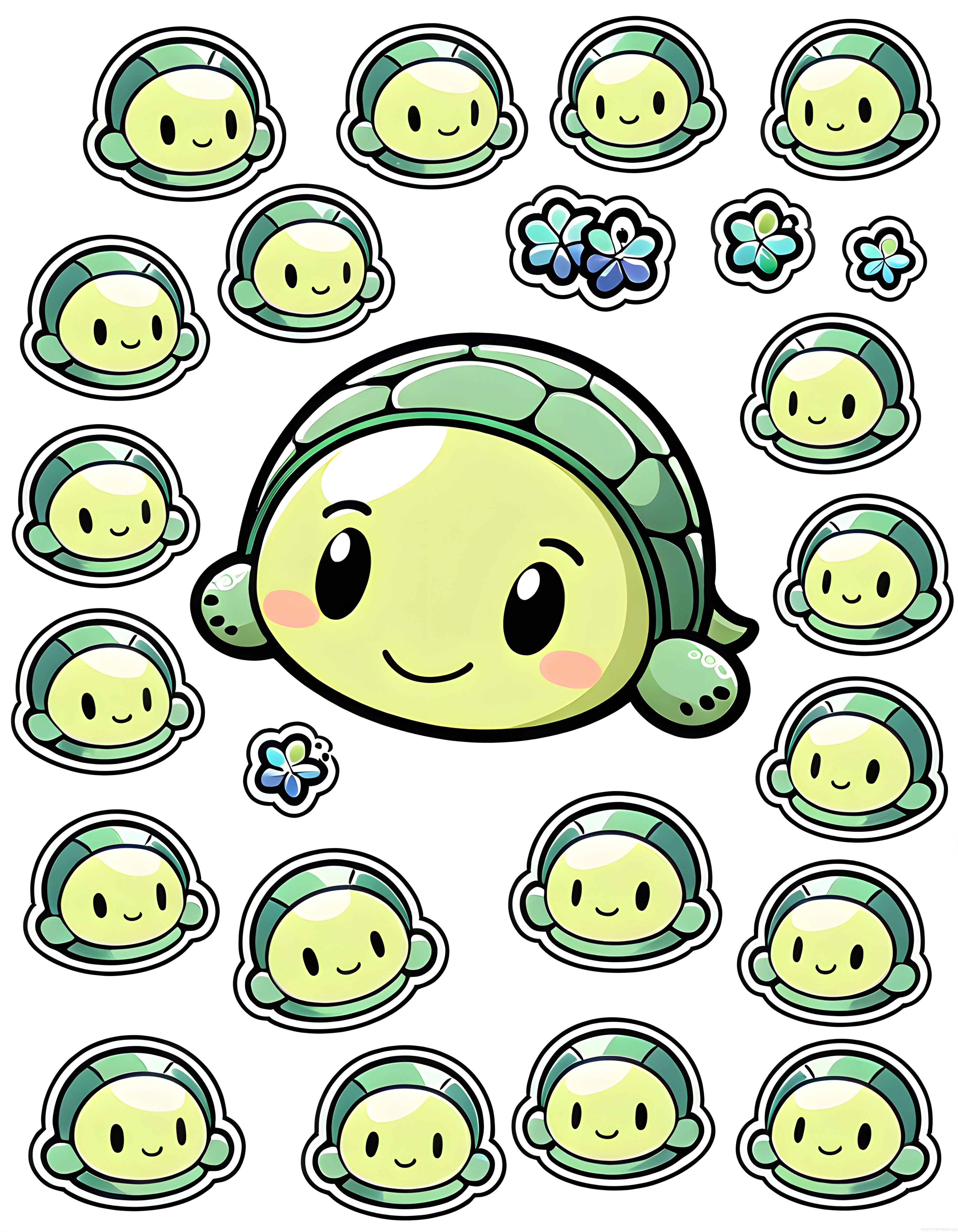 Sevimli Kawaii Kaplumbağa Karakter Sticker Seti ve Çiçek Desenleri