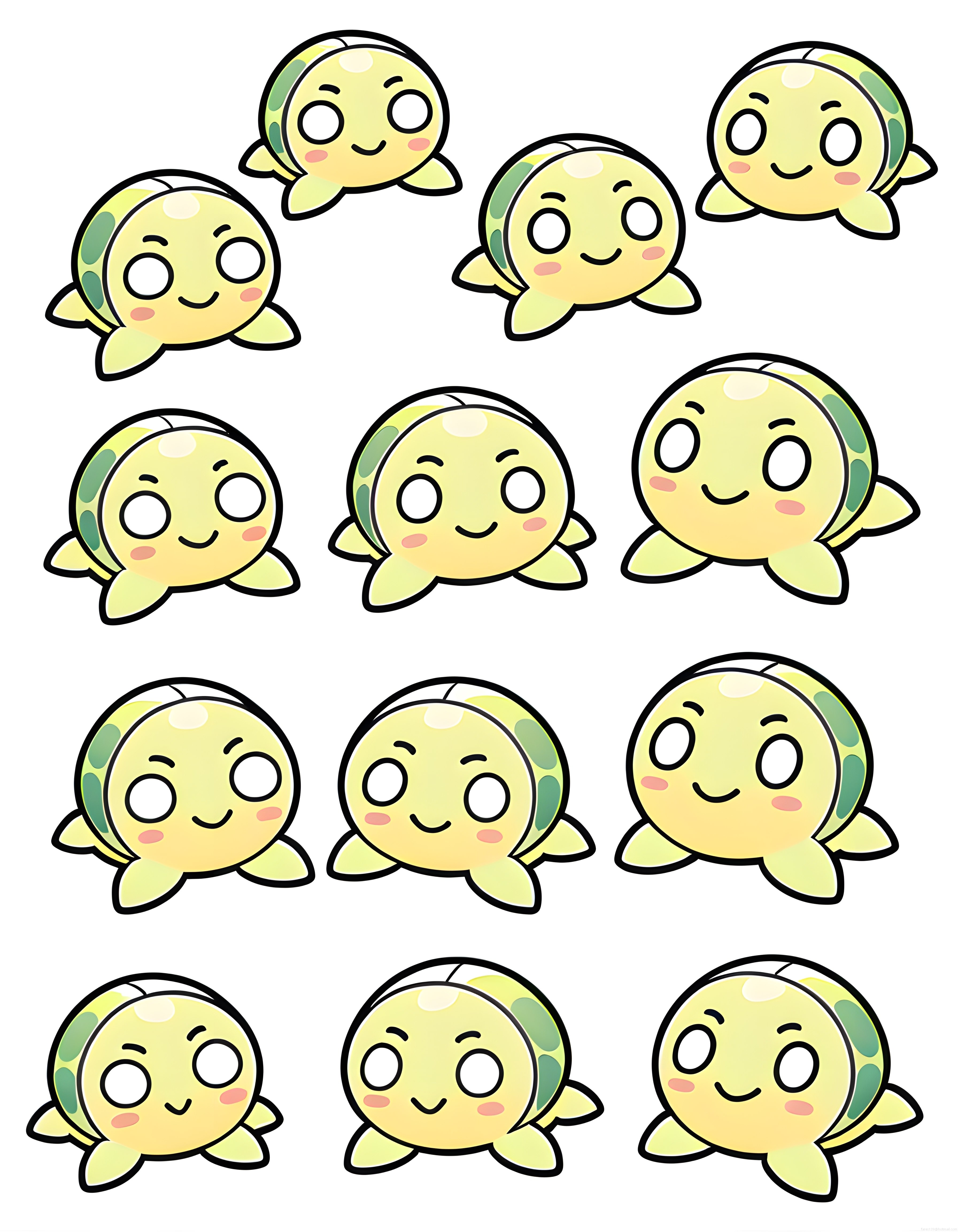 Sevimli Kawaii Kaplumbağa Karakterleri ve Çizgi Film Sticker Seti