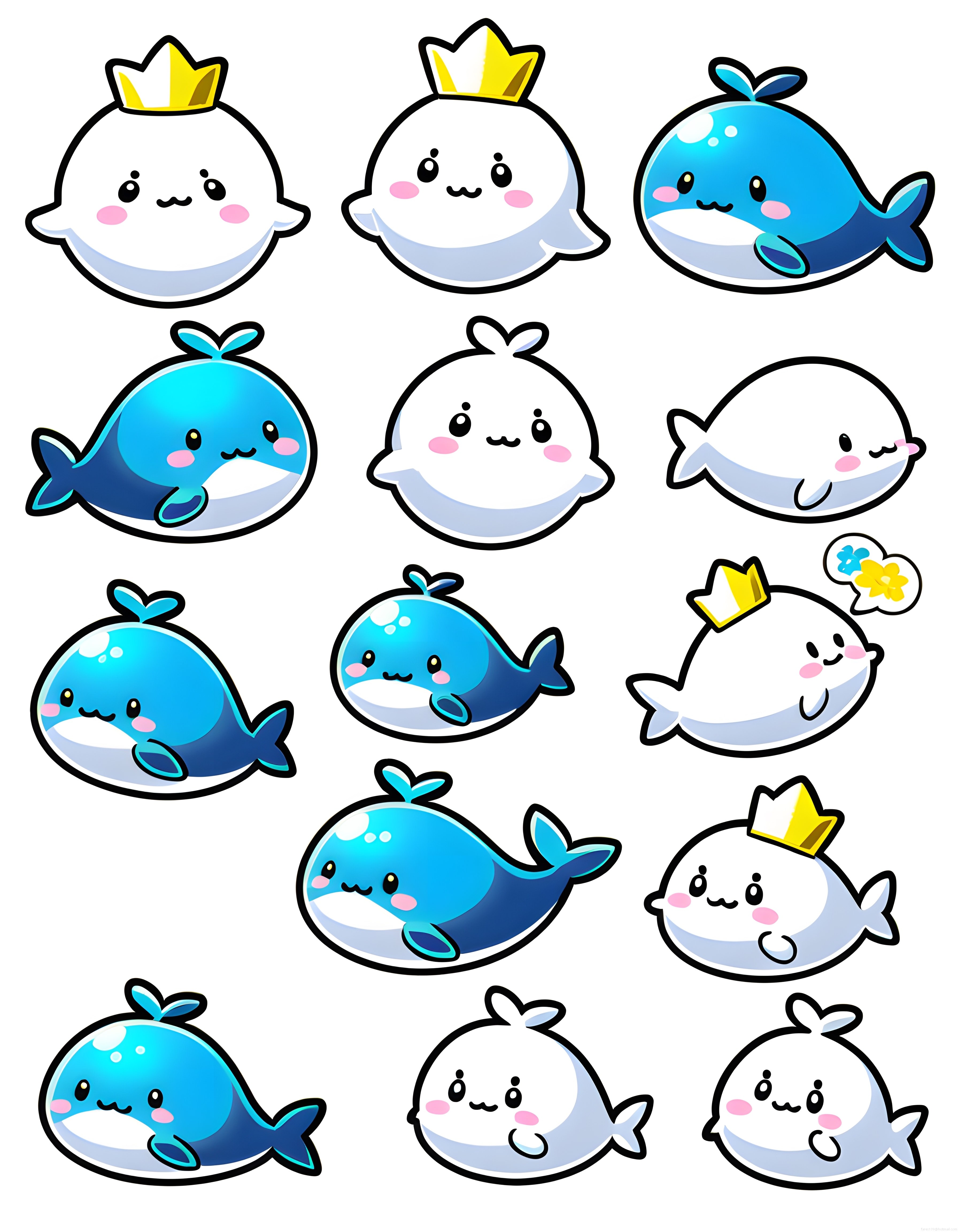 sevimli kawaii karikatür balina çıkartma koleksiyonu tatlı deniz hayvanı çizimleri