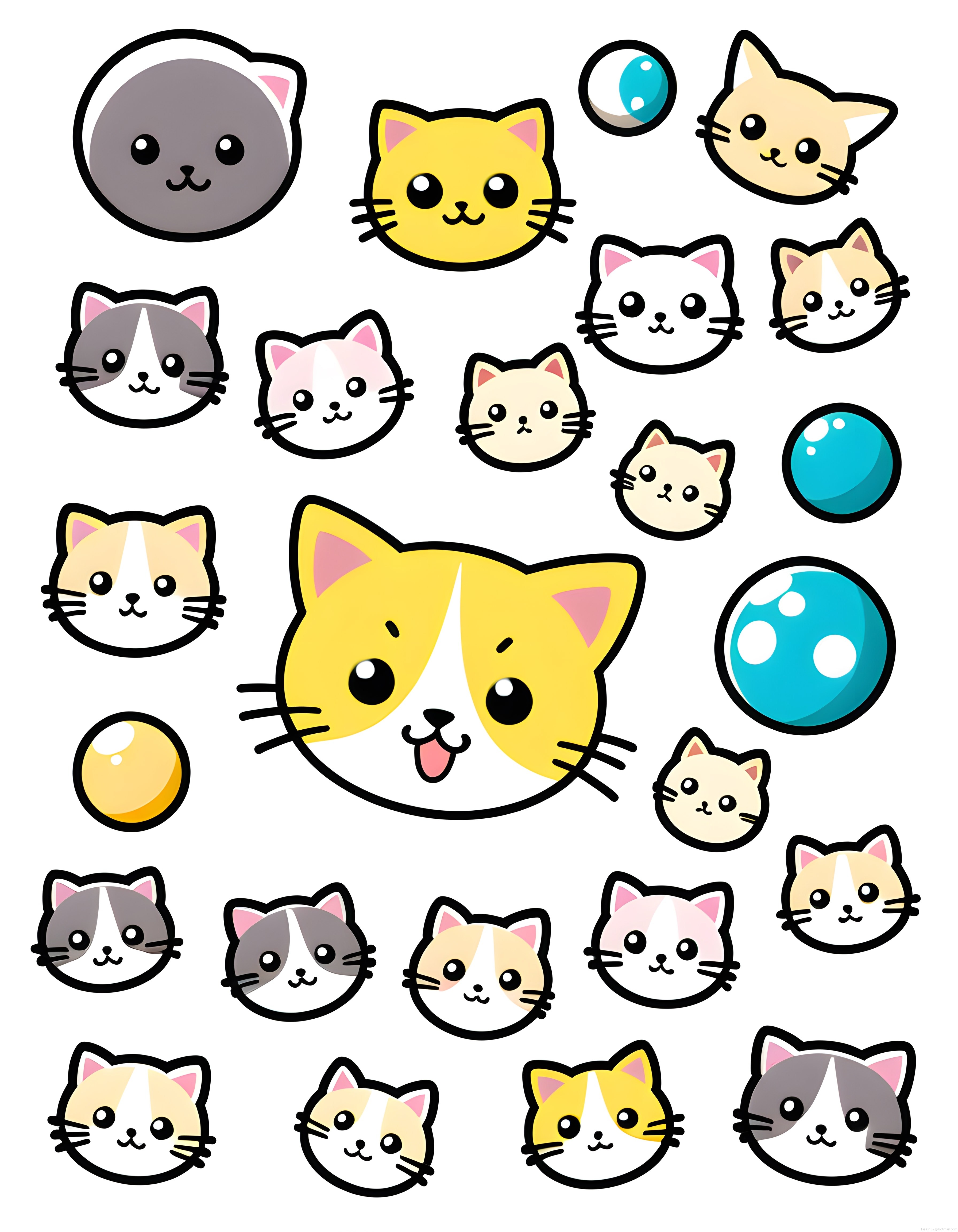 Sevimli kawaii kedi kafa illüstrasyonları ve renkli baloncuklar dijital set