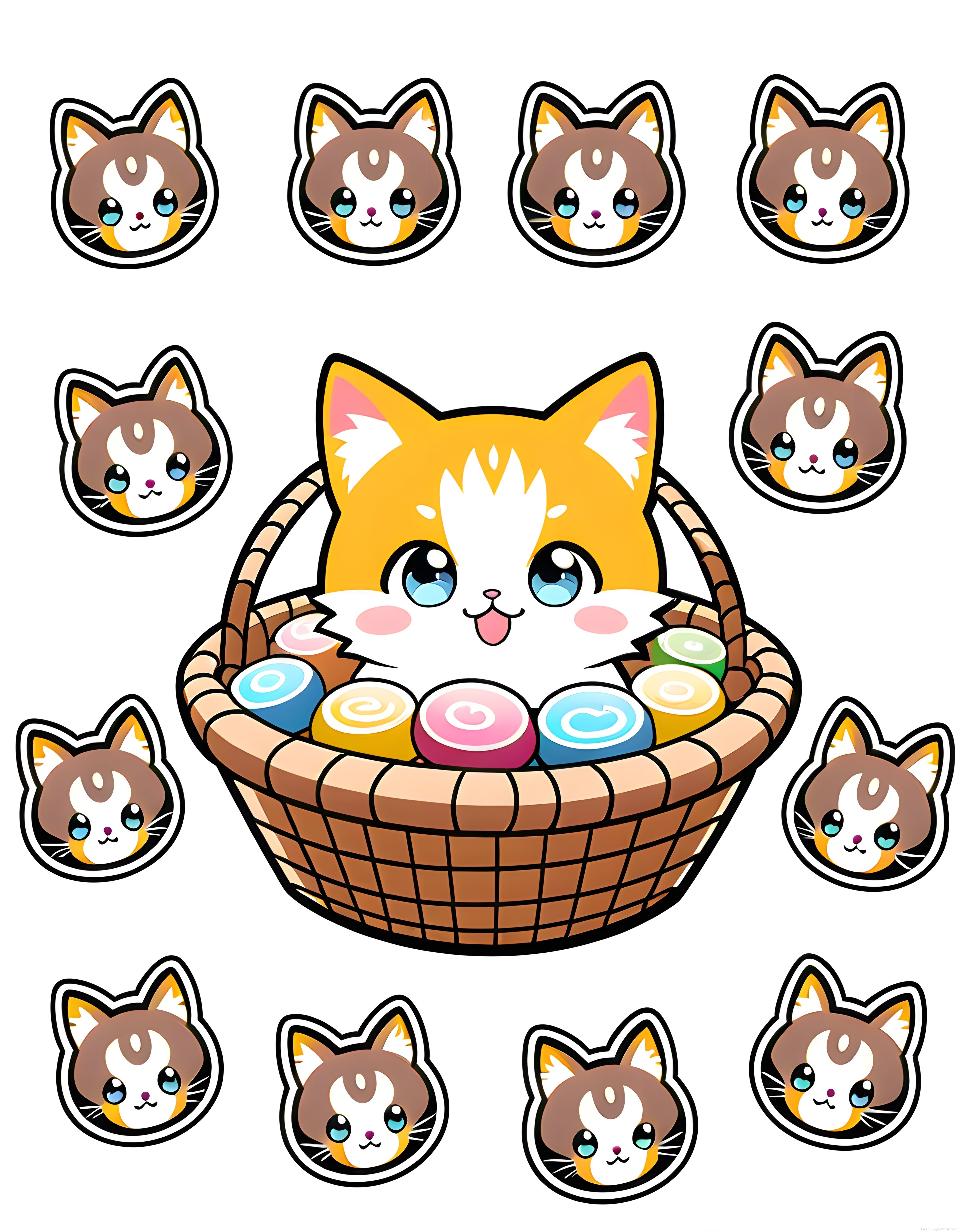 Sevimli Kawaii Kedi Sepetinde Renkli Macaronlar ve Yüz Çıkartmaları