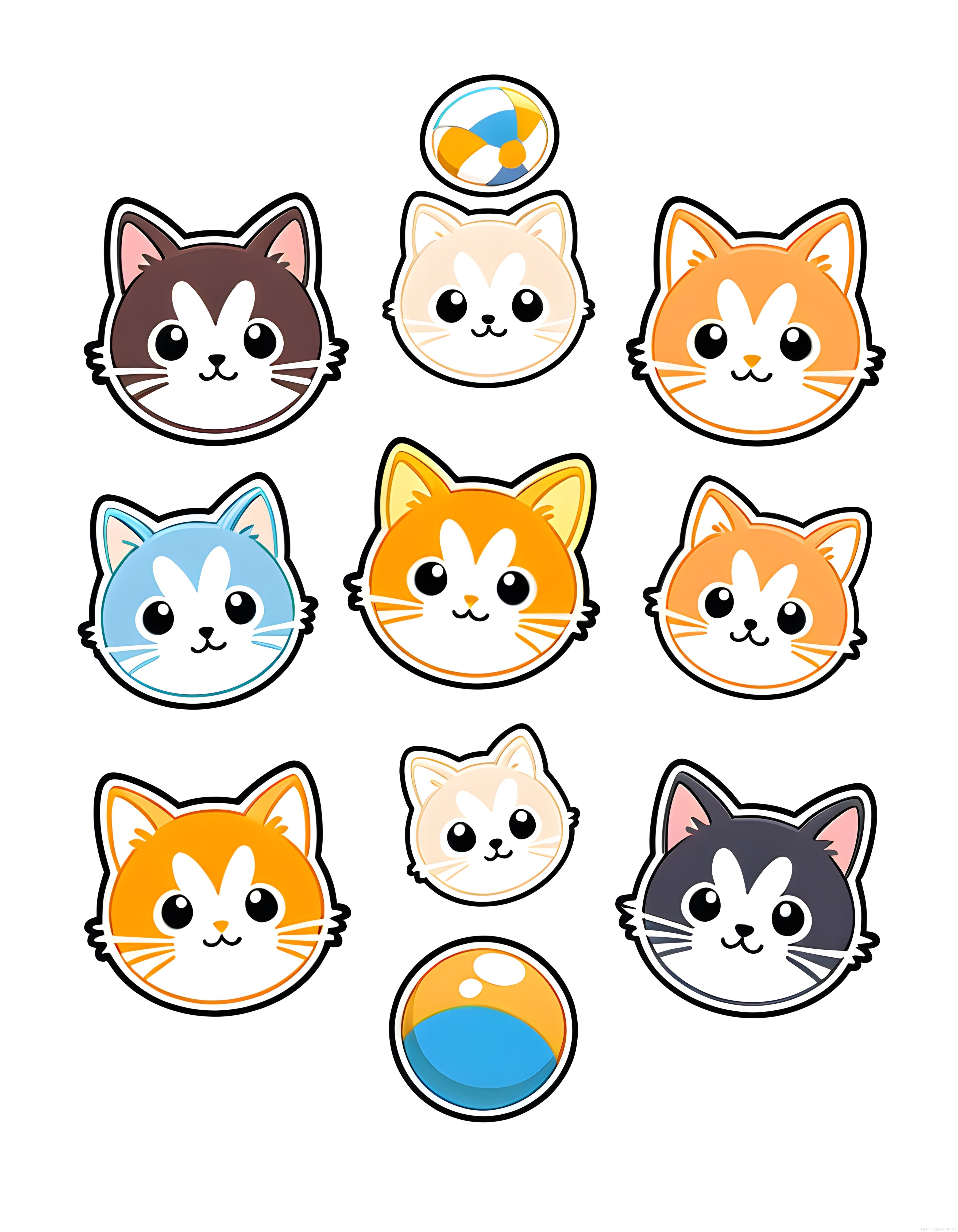 Sevimli kawaii kedi yüz çıkartmaları ve renkli oyuncak toplar beyaz arka planda