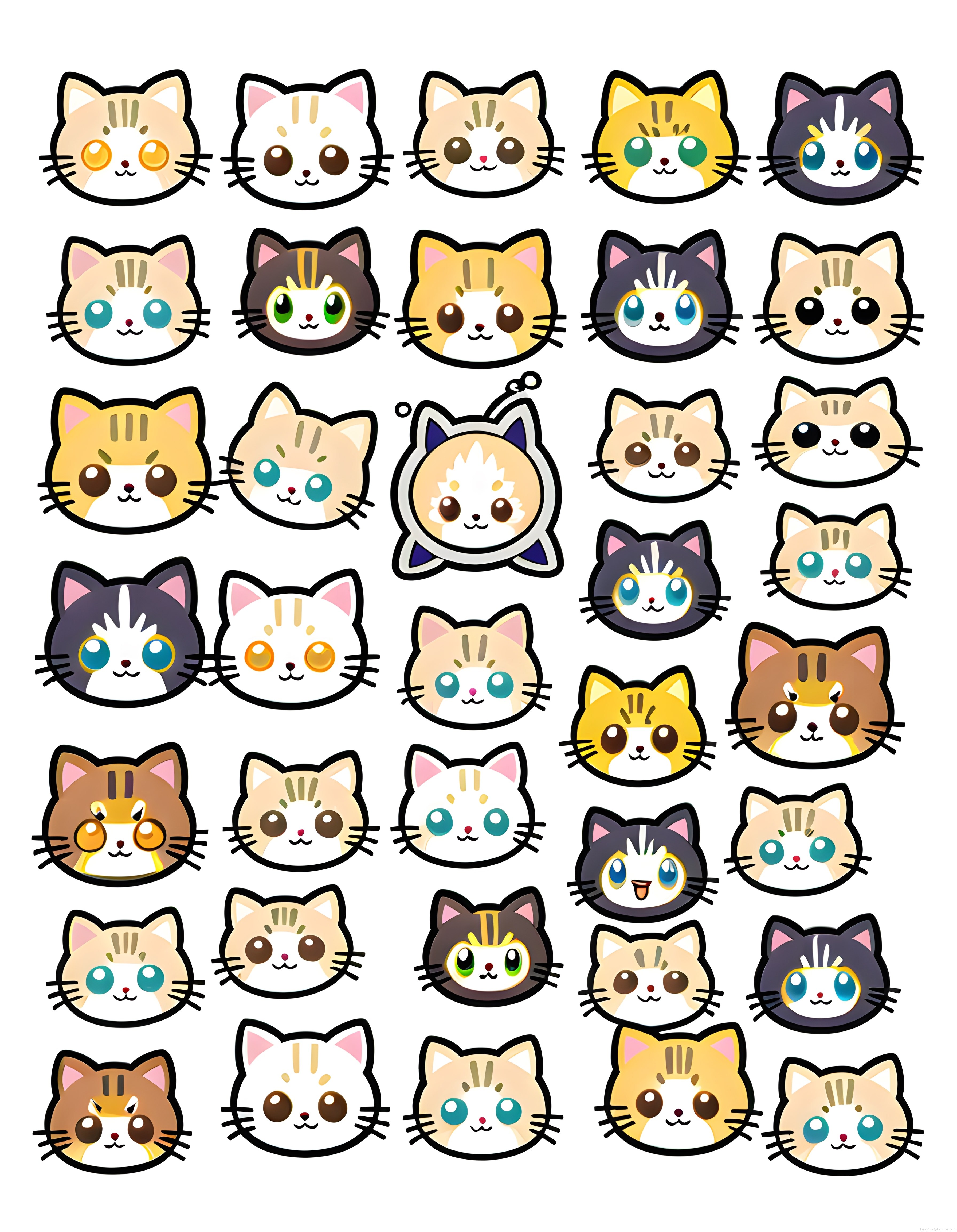 Sevimli Kawaii Kedi Yüzleri: Pastel Karikatür Çizim ve Emoji Sticker Koleksiyonu