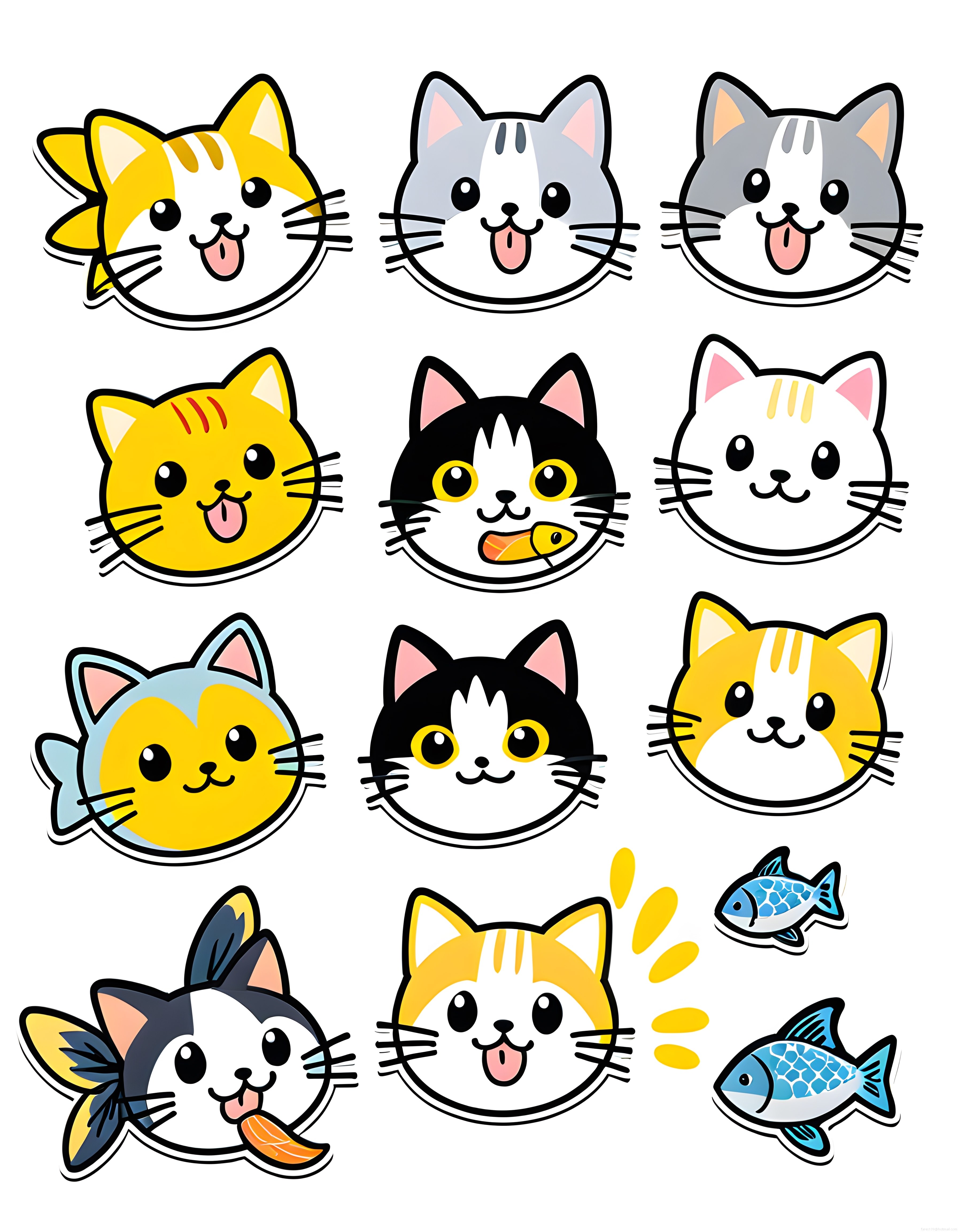 Sevimli Kawaii Kedi Yüzleri ve Balık Çizimleri Renkli Karikatür Seti