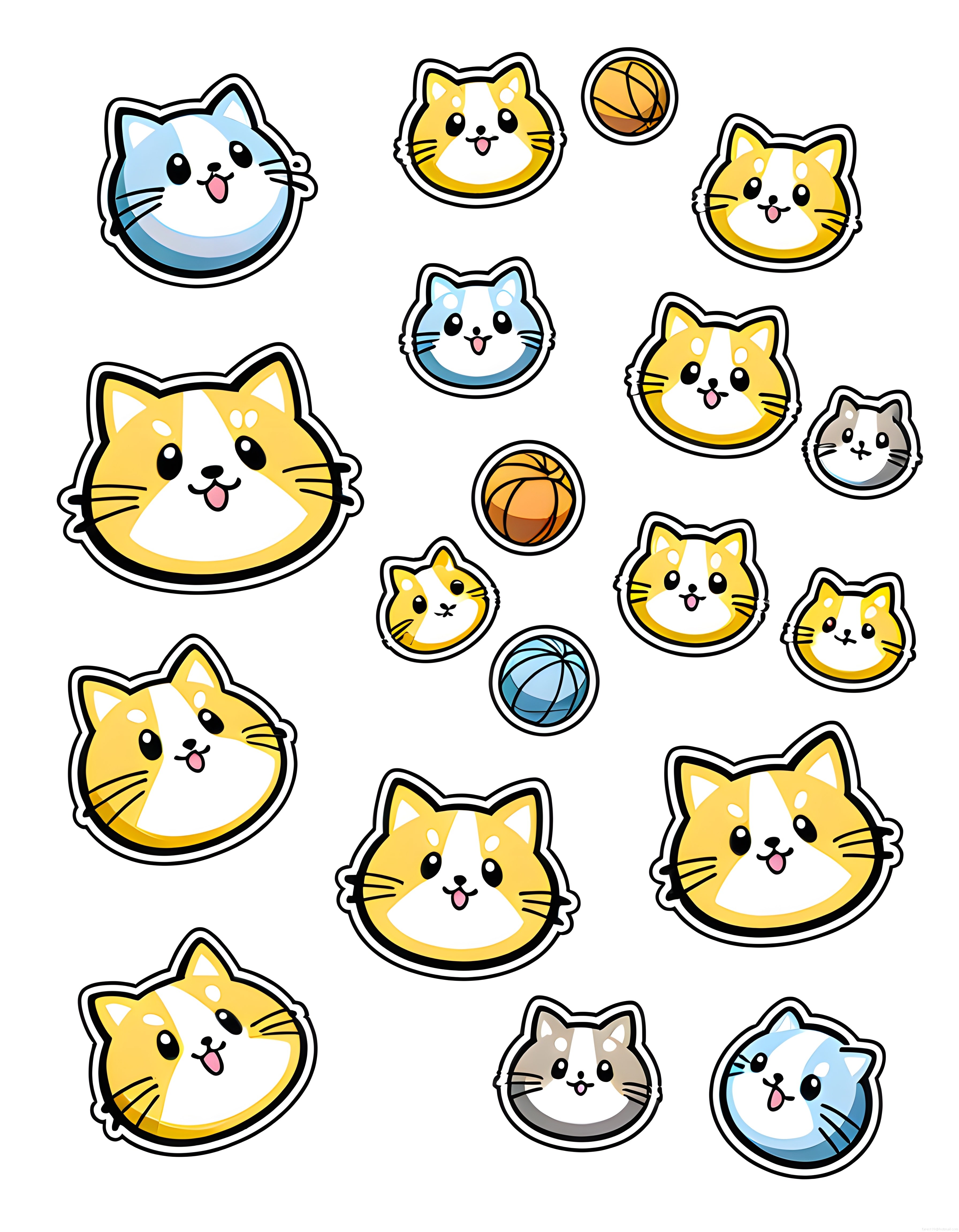 Sevimli kawaii kedi yüzleri ve basketbol topları ile renkli dijital sticker seti