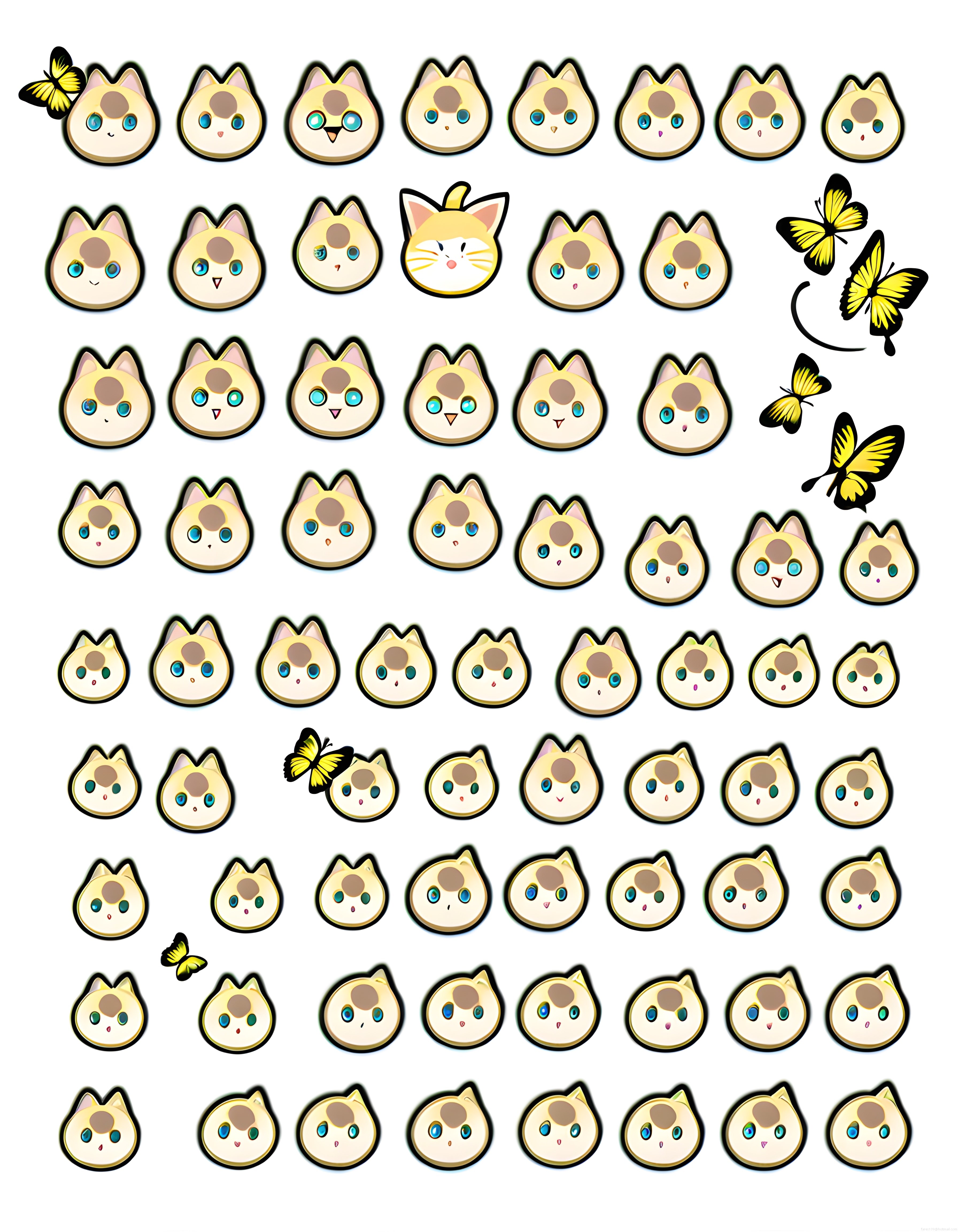 Sevimli Kawaii Kedi Yüzleri ve Sarı Kelebeklerle Renkli Sticker Sayfası