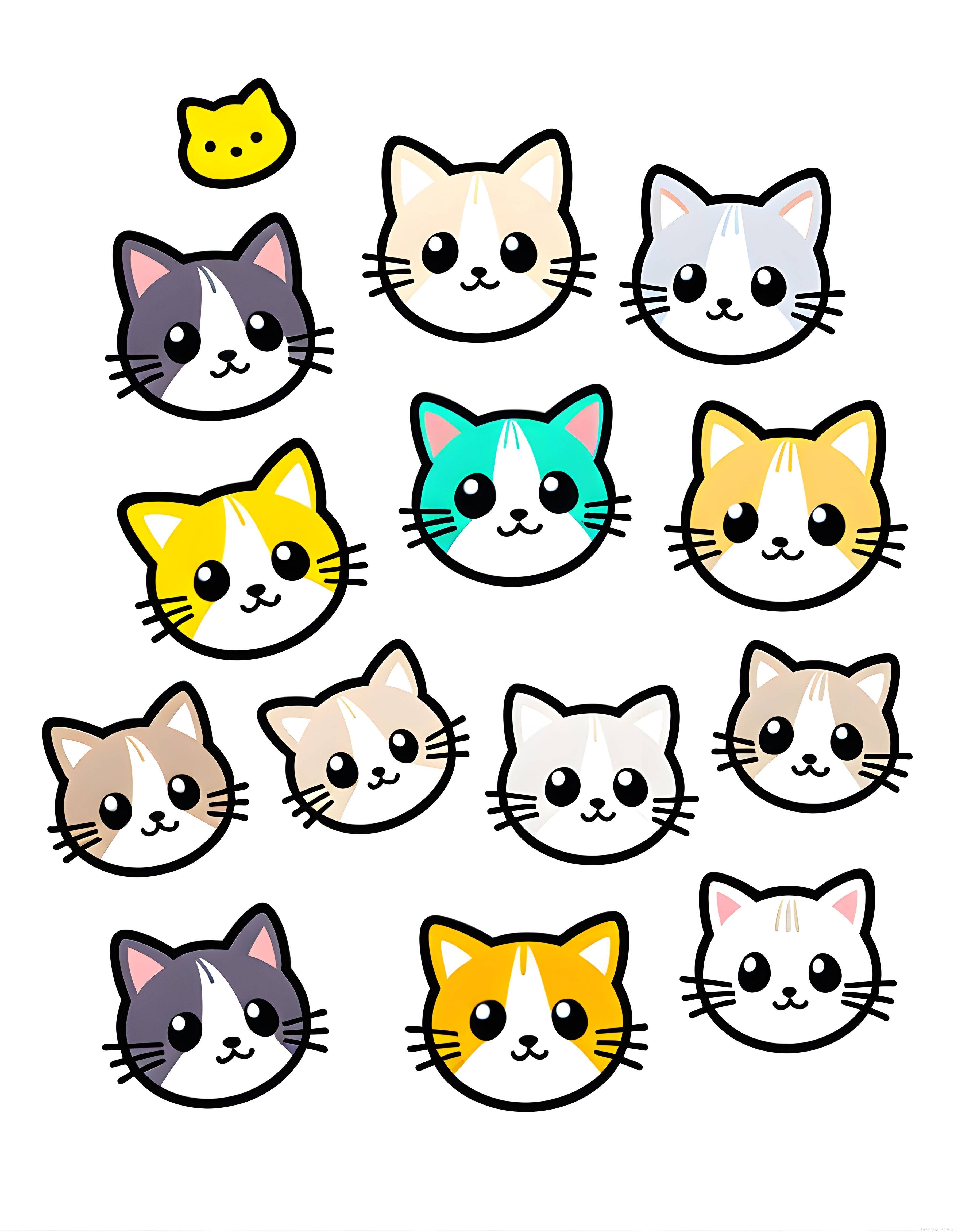 Sevimli Kawaii Kedi Yüzü İkon Seti: Renkli Çizimler ve Karakter Tasarımları