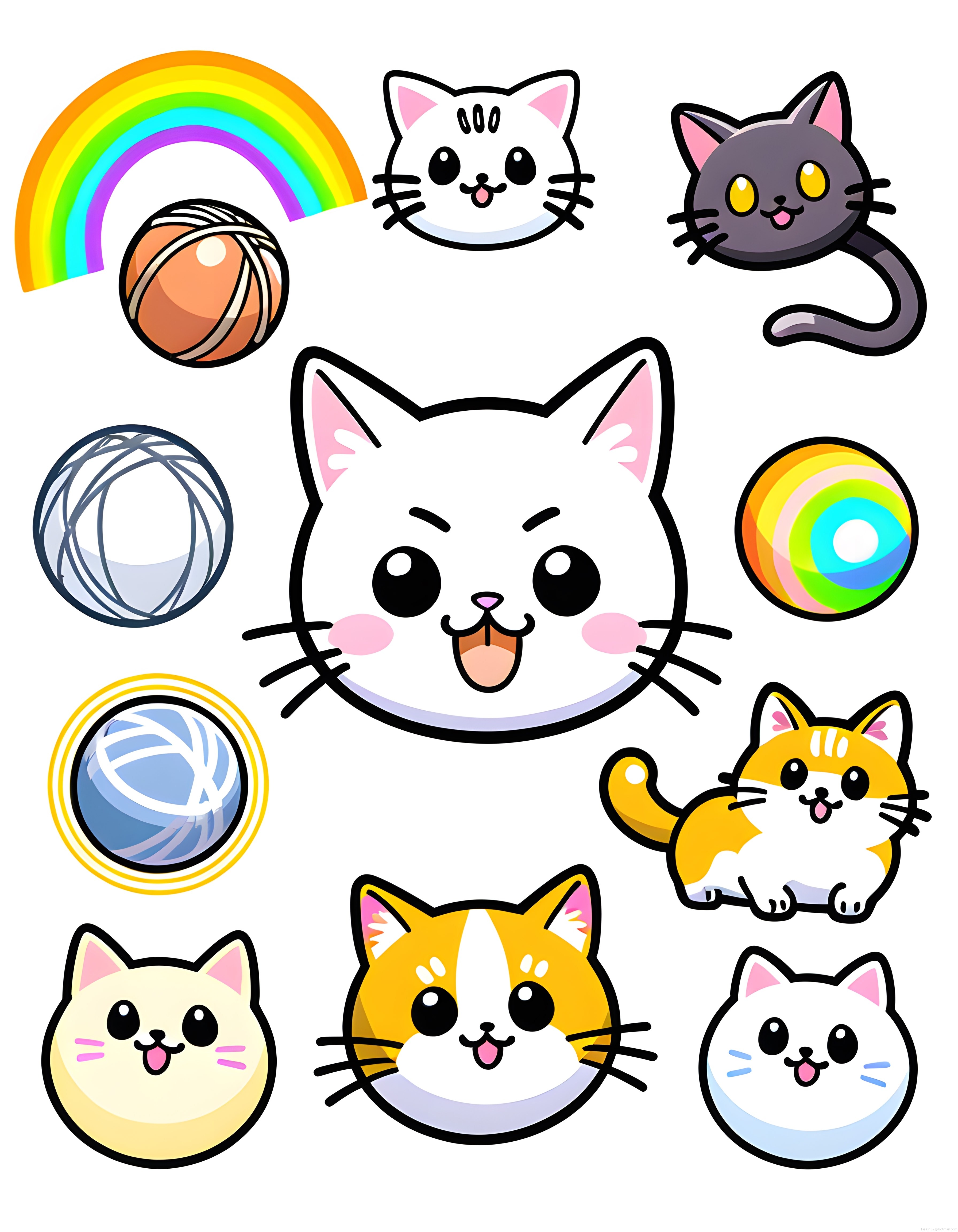 Sevimli Kawaii Kediler ve Gökkuşağı Dijital Sticker Çizim Seti
