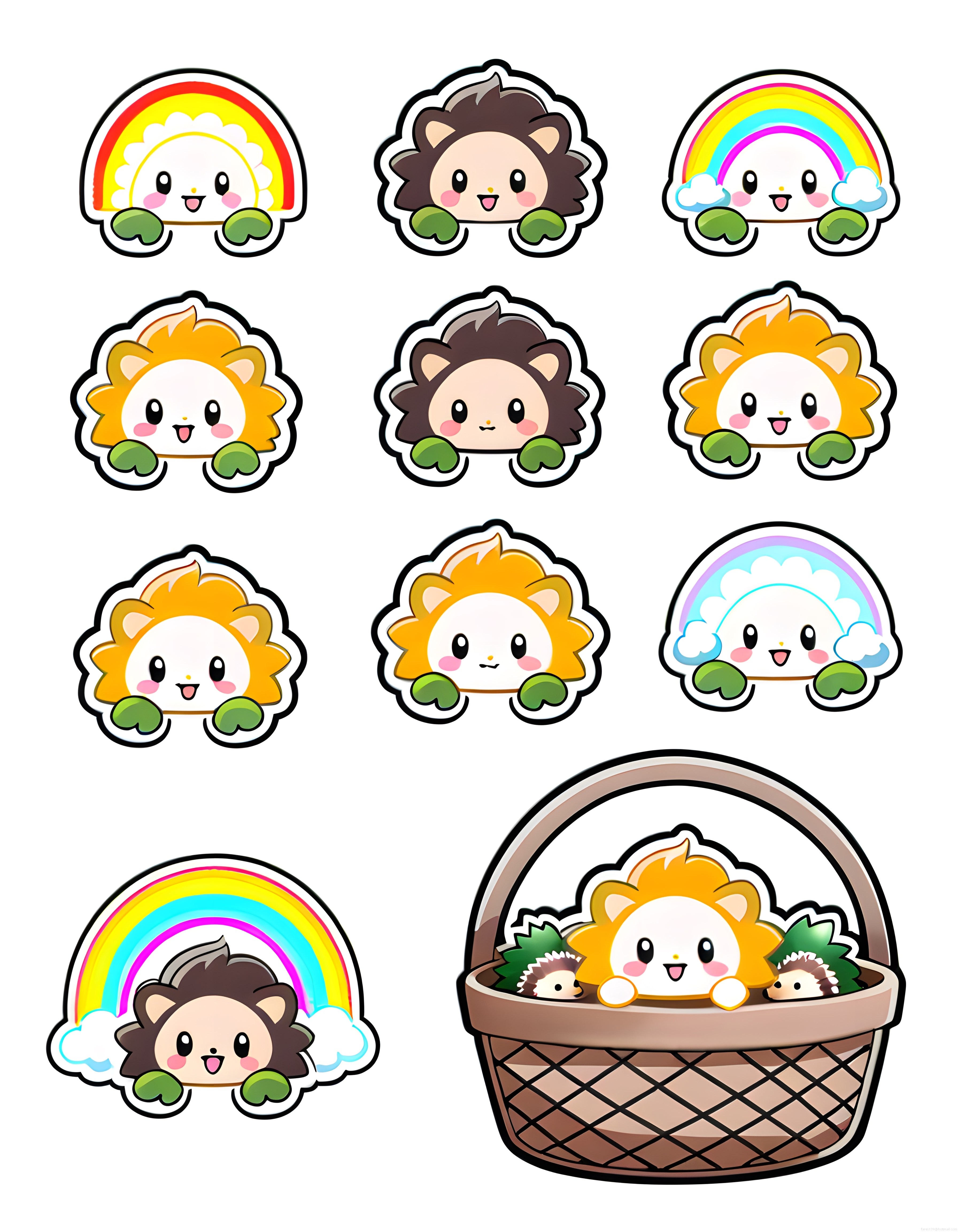 Sevimli Kawaii Kirpi ve Gökkuşağı Çizgi Film Karakterleri Sticker Seti