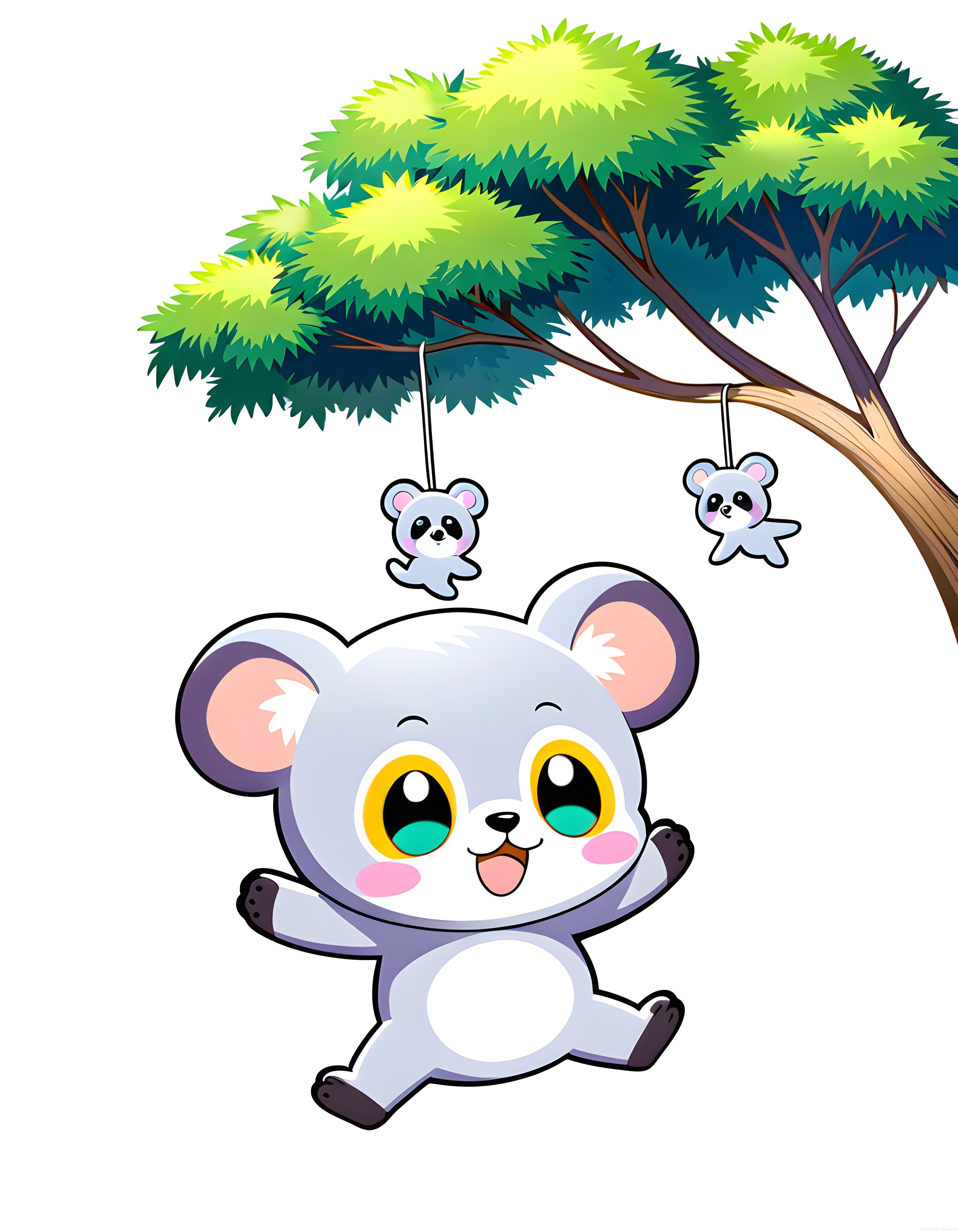 Sevimli kawaii koala çizimi, ağaçtan sarkan oyuncaklar ve mutlu bahçe teması