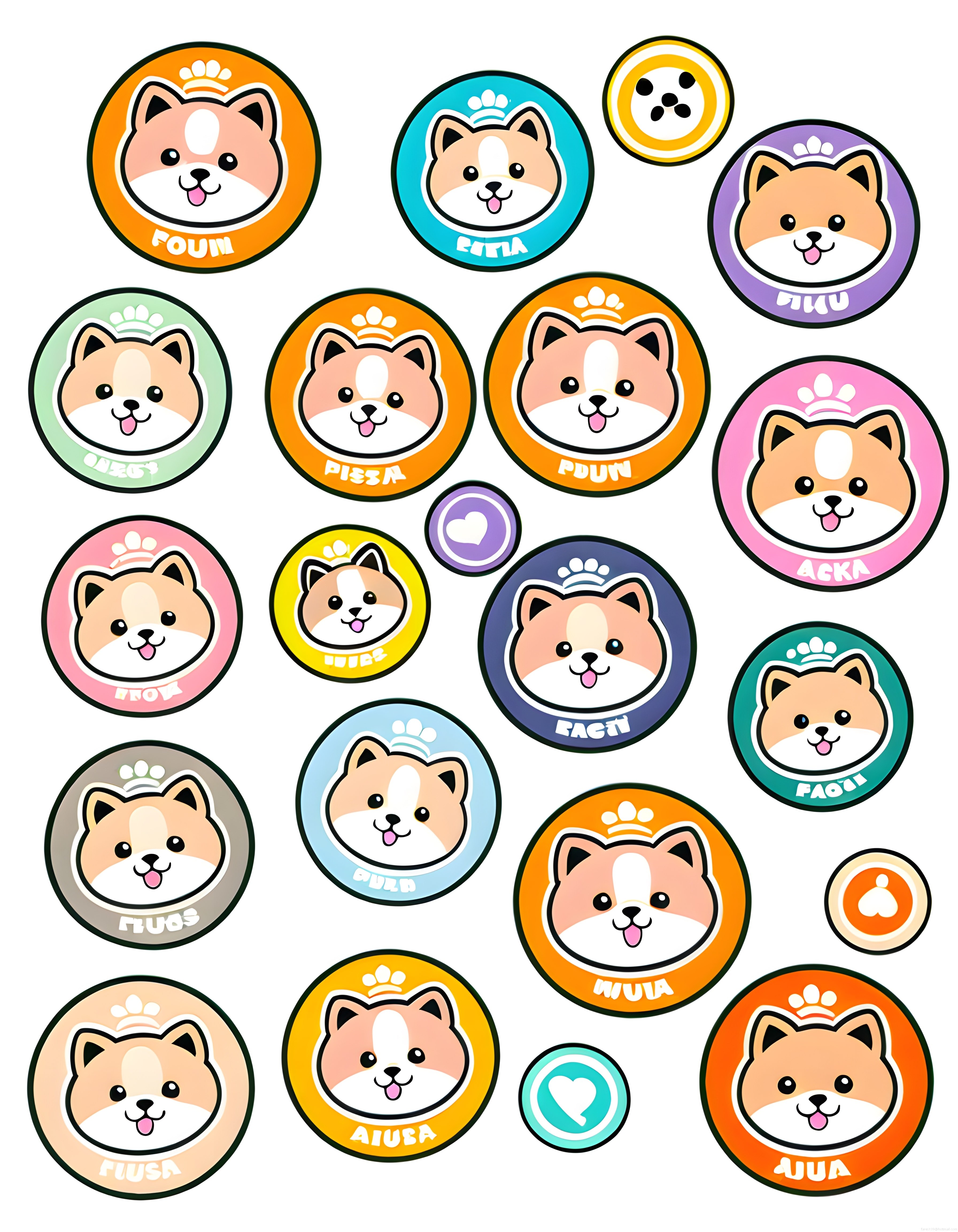 Sevimli kawaii köpek sticker seti: Renkli çizgi film etiketleri ve pati detayları