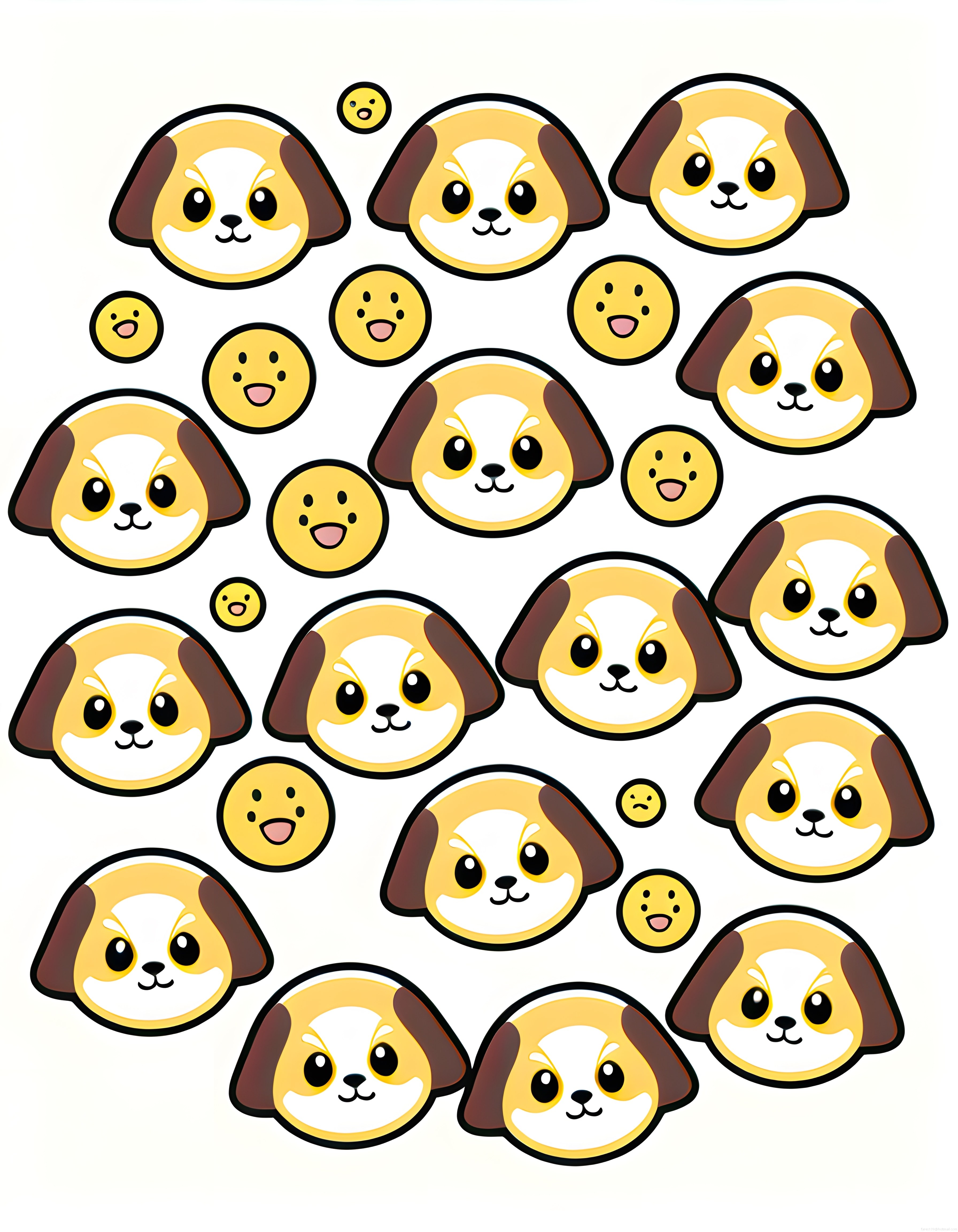 Sevimli Kawaii Köpek ve Emoji Yüzlerinden Oluşan Dijital Desen ve Sticker Seti