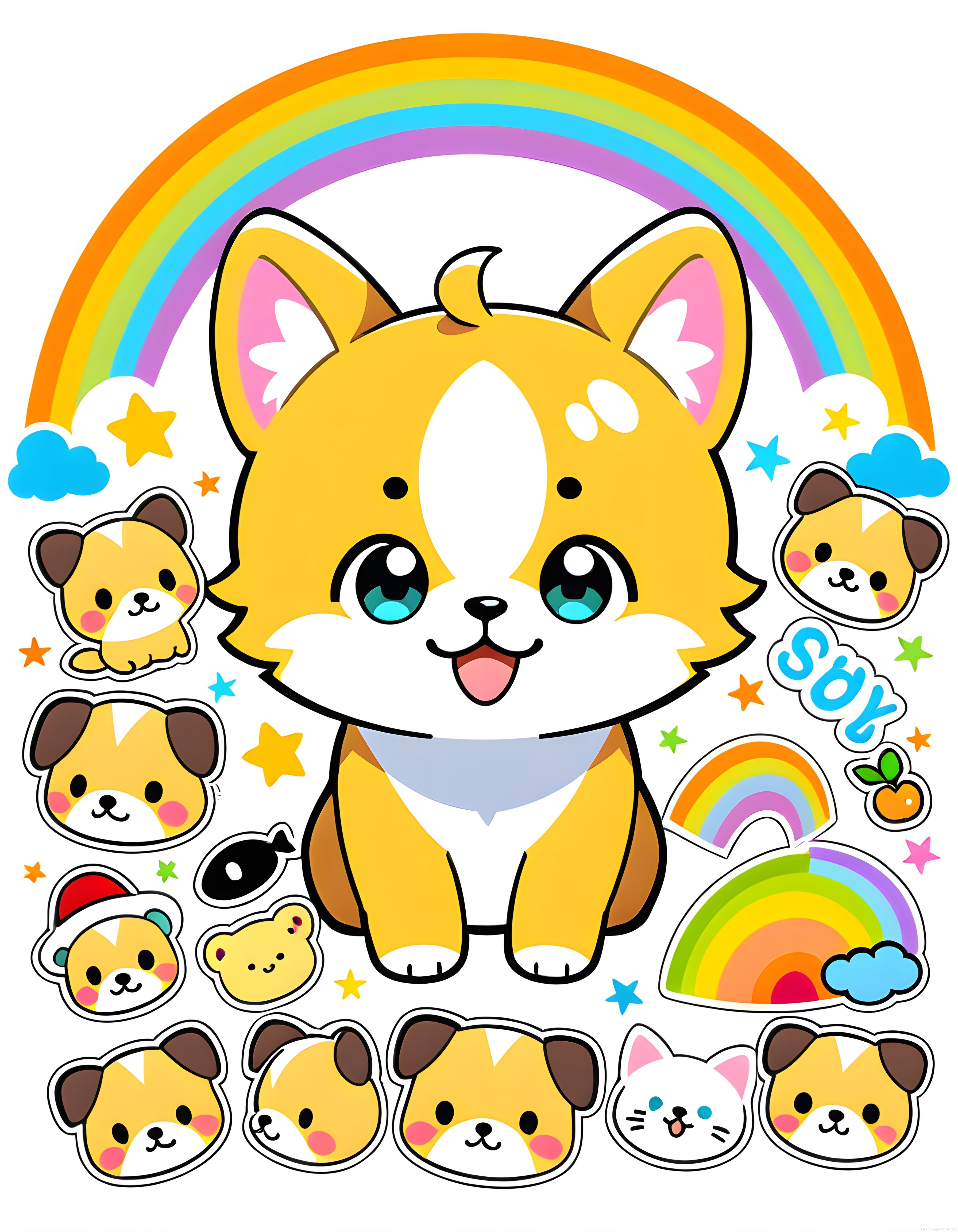 Sevimli Kawaii Köpek ve Gökkuşağı Arka Planlı Renkli Çocuk Odası Çizim Poster