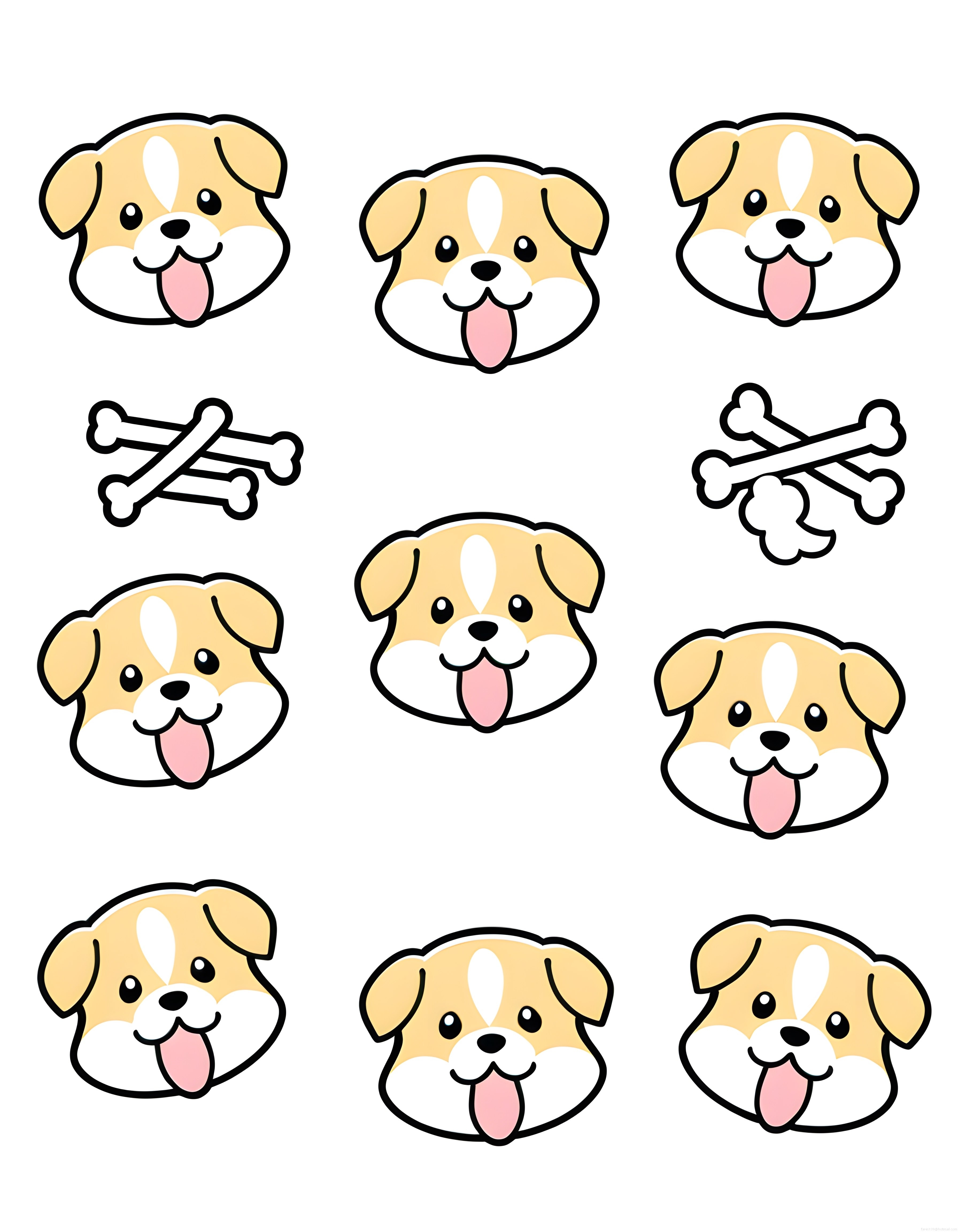 Sevimli Kawaii Köpek Yüzleri ve Kemikler Vektör İllüstrasyon Seti