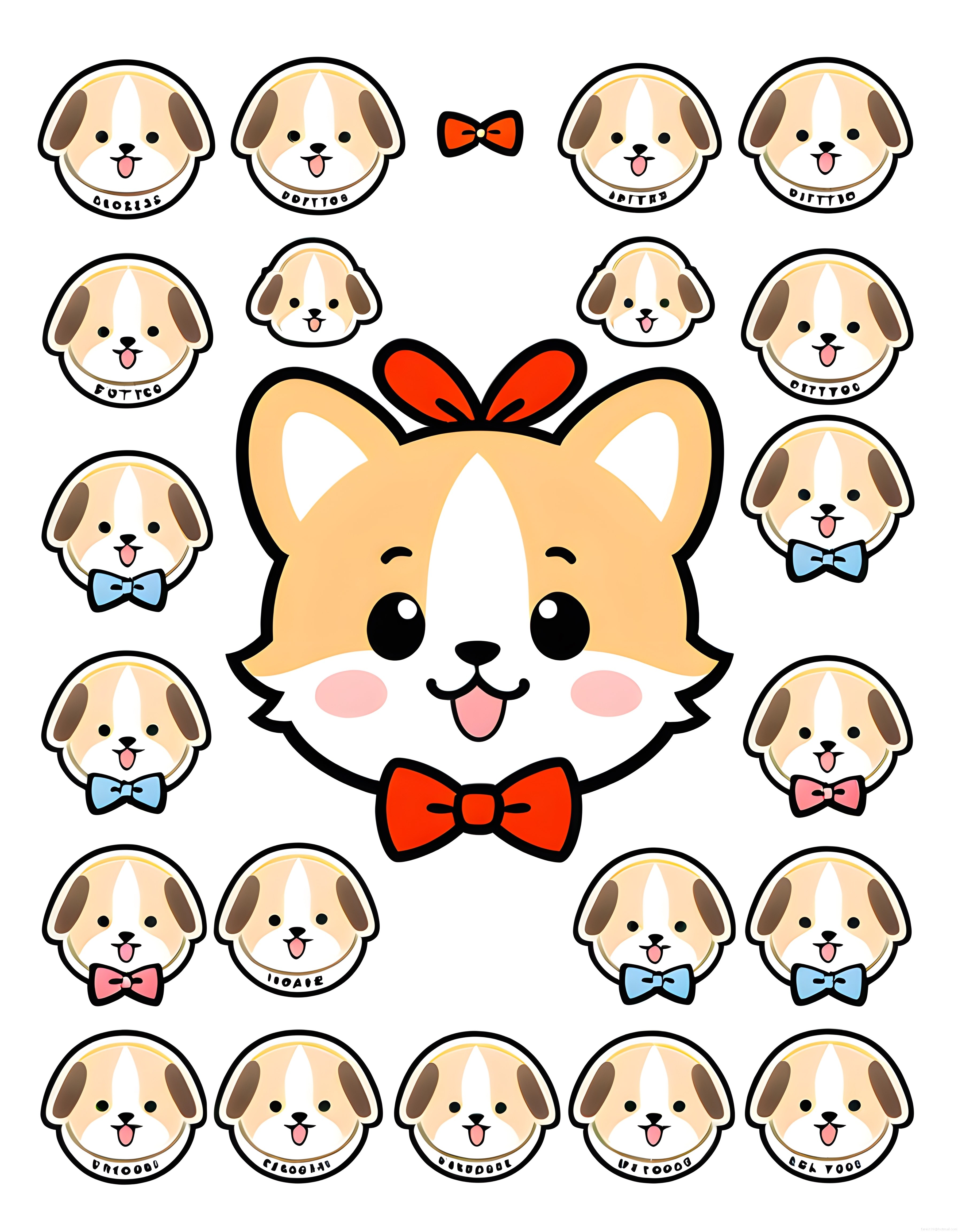 Sevimli Kawaii Köpek Yüzleri ve Renkli Papyon Aksesuarları Vektör Çizim Seti