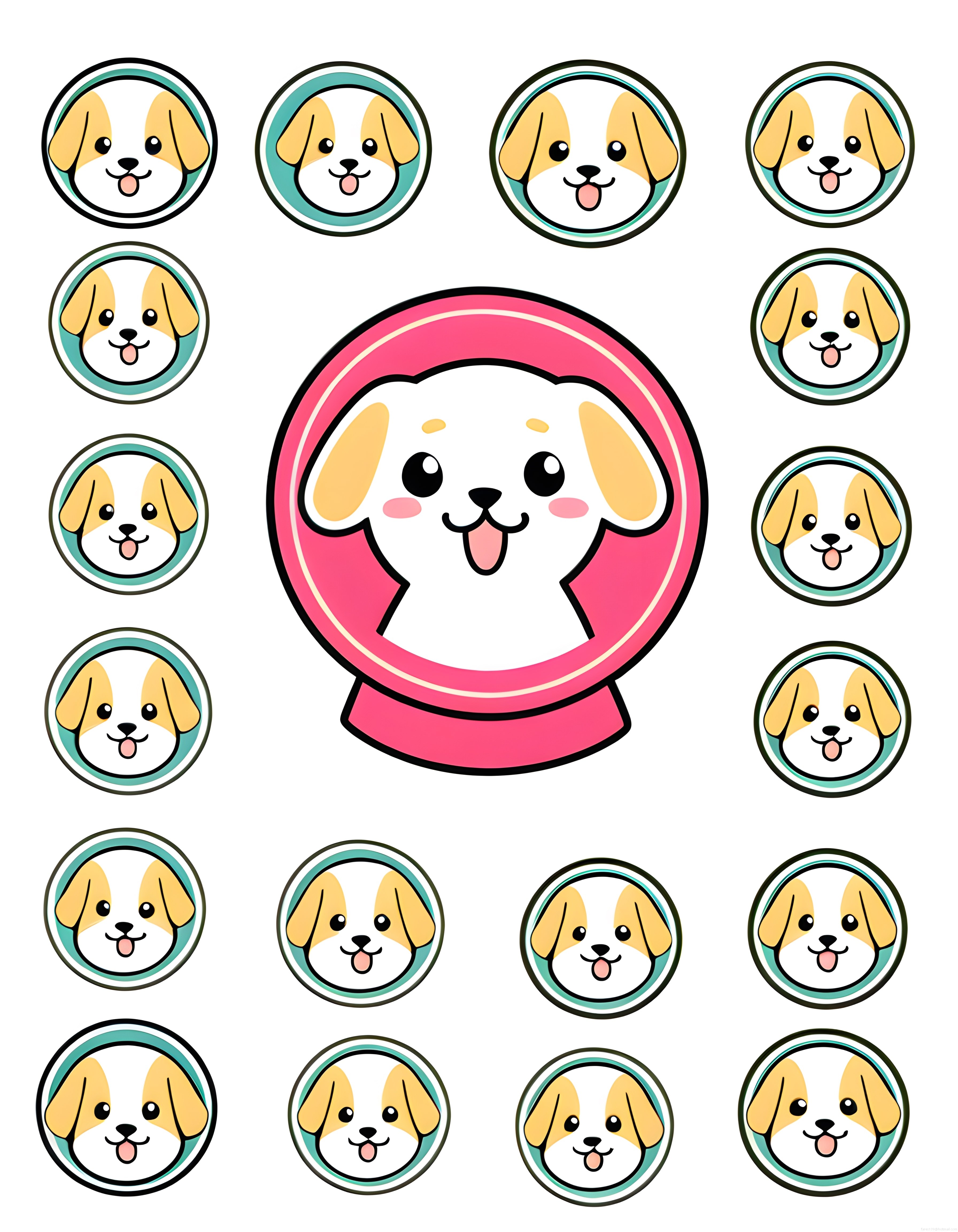 Sevimli Kawaii Köpek Yüzü Pembe Rozet ve Sticker Seti Dijital İllüstrasyon