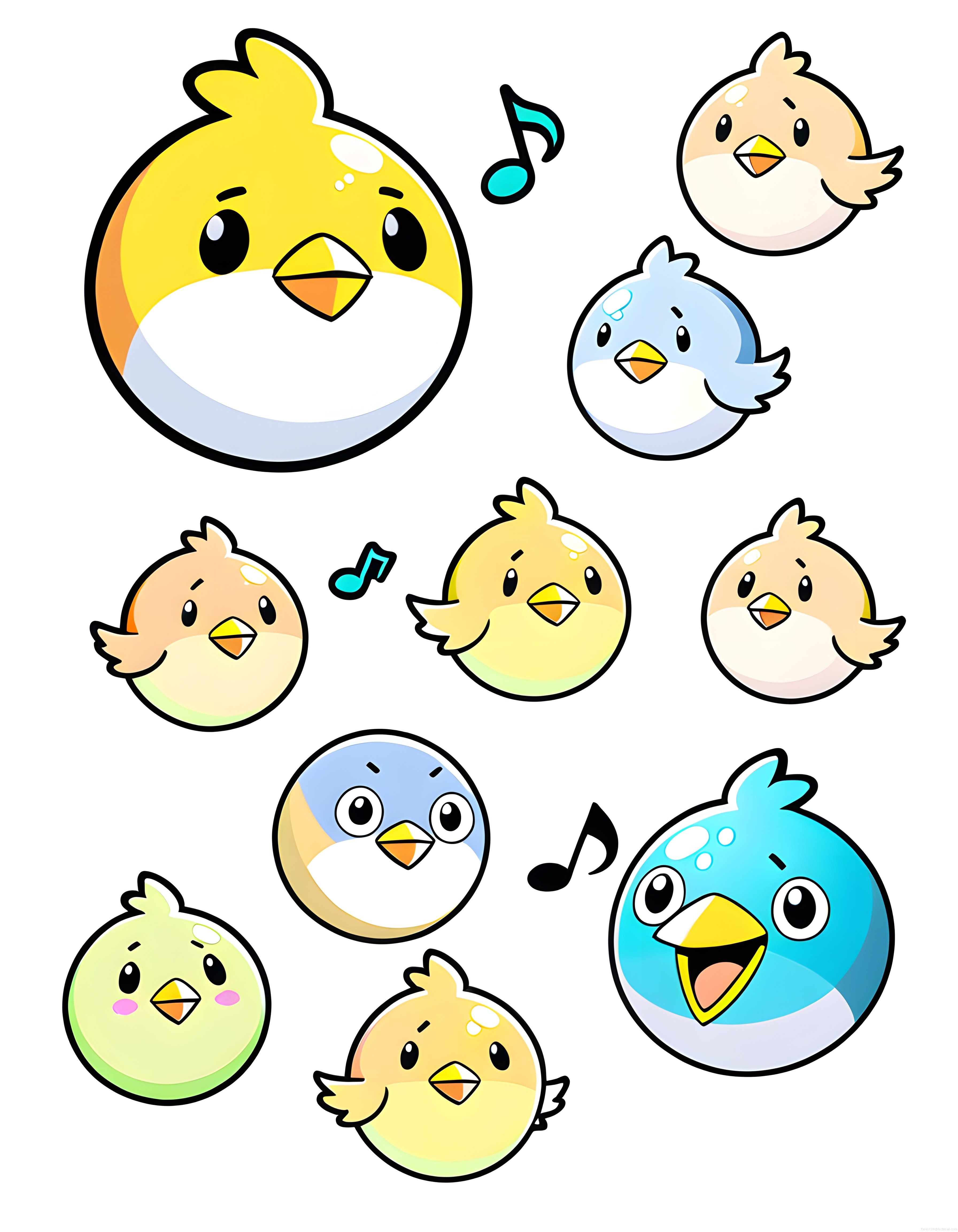 Sevimli Kawaii Kuş Karikatür Seti: Renkli Vektör Çizim ve Müzik Notaları