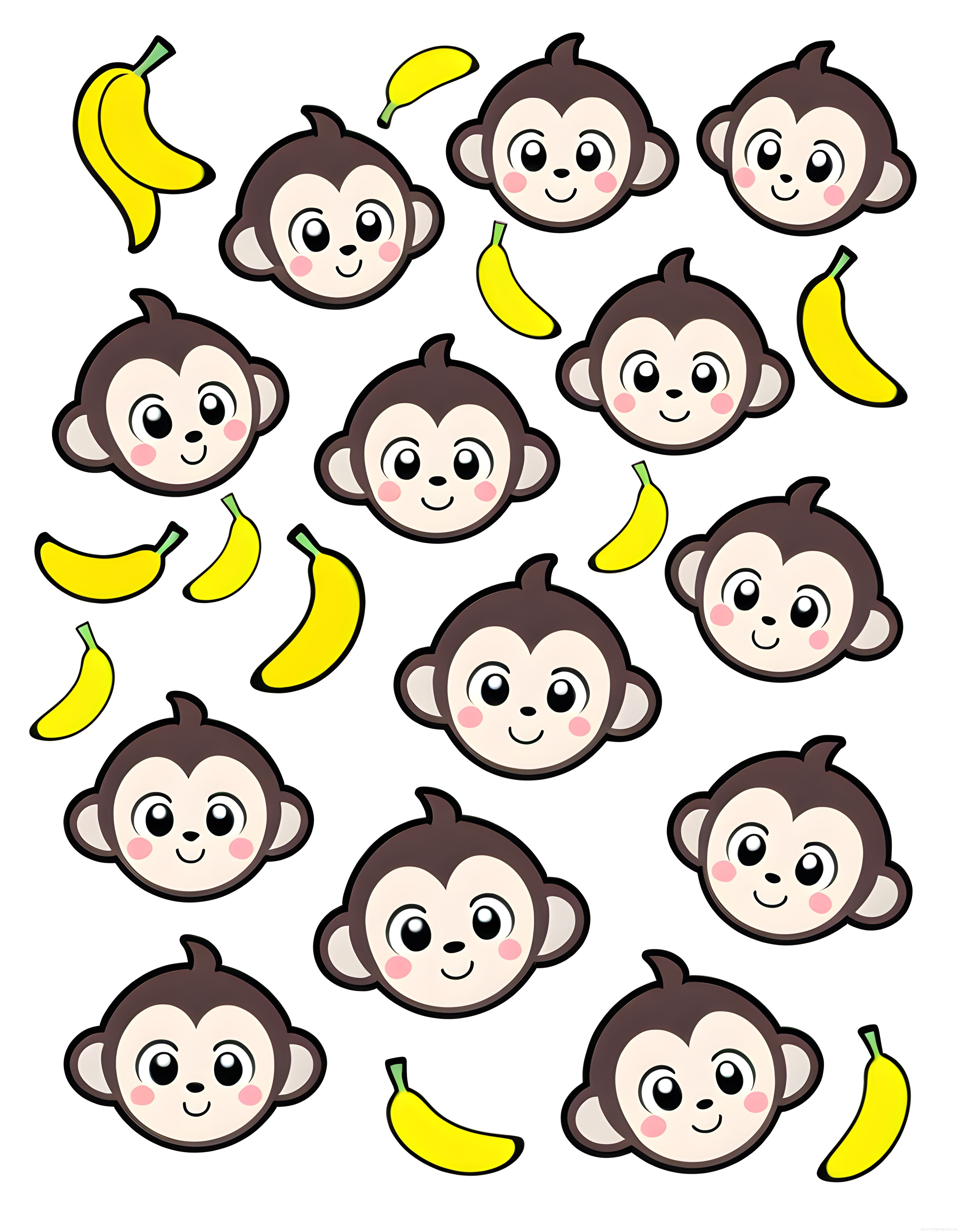 Sevimli Kawaii Maymun Yüzleri ve Muzlar Çizgi Film Sticker Koleksiyonu