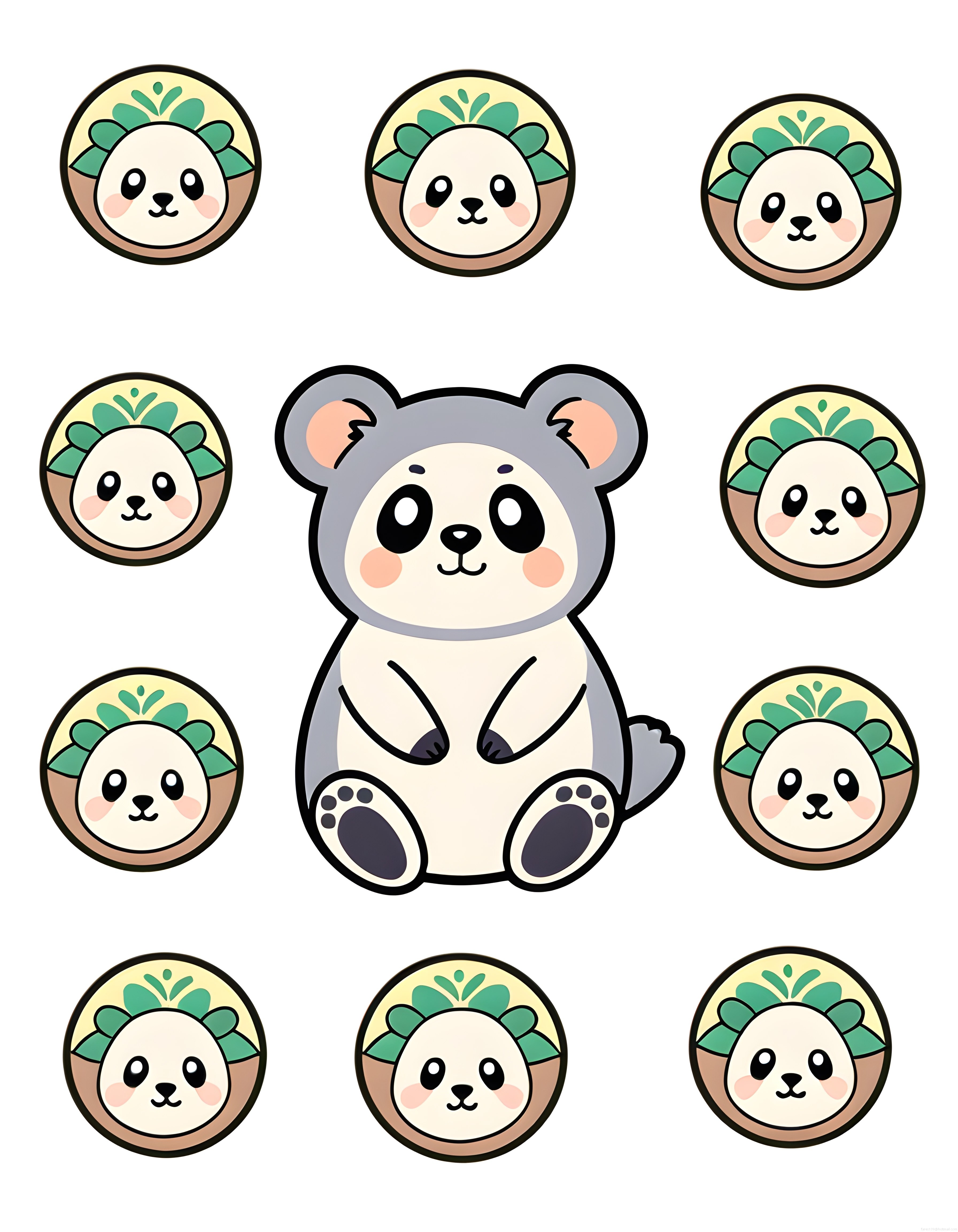 Sevimli kawaii panda karakteri ve yuvarlak yüz ikonları dijital sanat seti