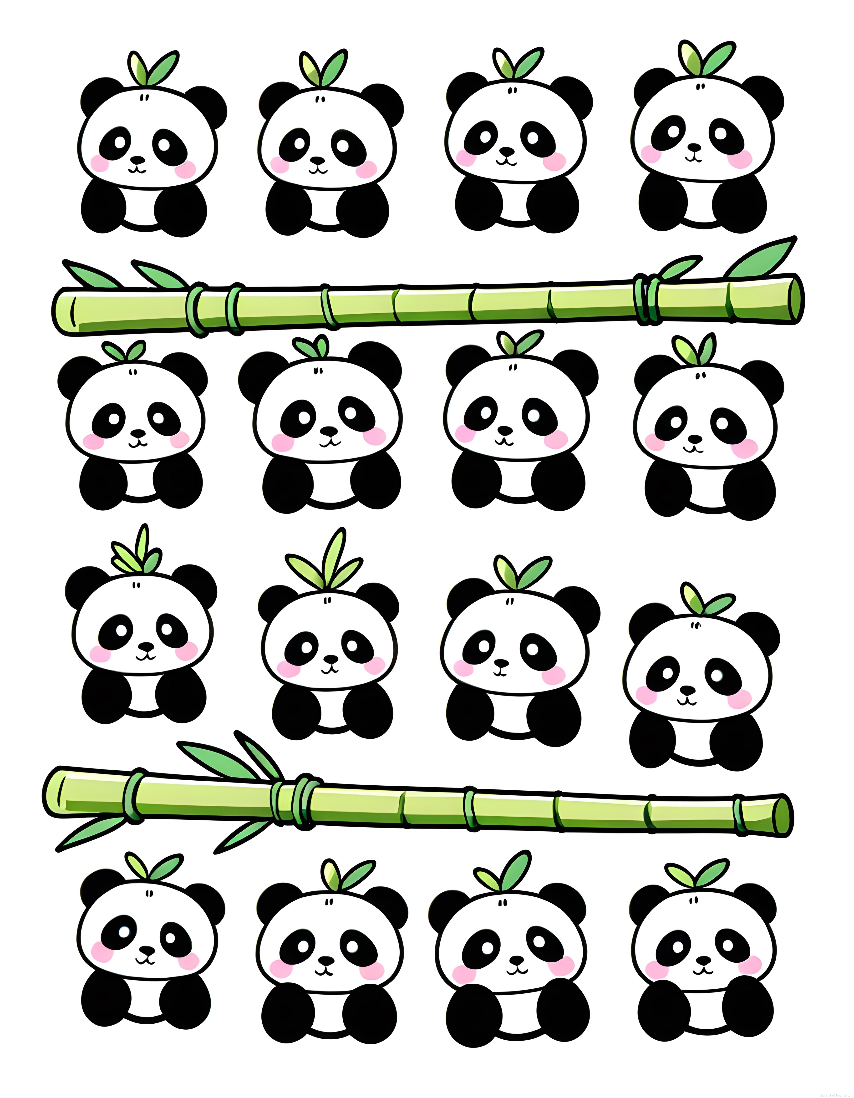 Sevimli Kawaii Panda ve Bambu Çubukları Çıkartma Seti Dijital İllüstrasyon