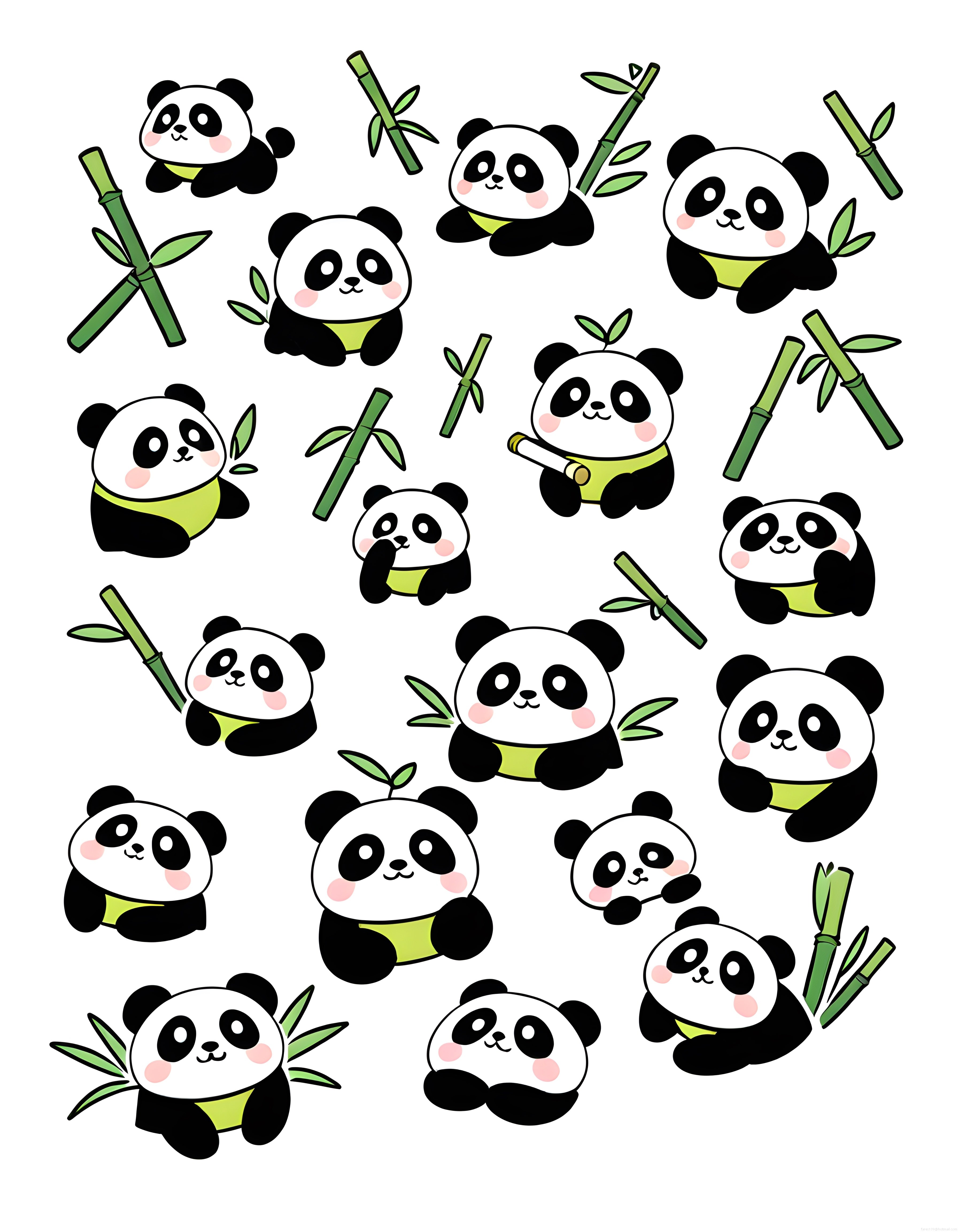 Sevimli Kawaii Panda ve Bambu Çubukları ile Dolu Çizgi Film Animasyon Seti