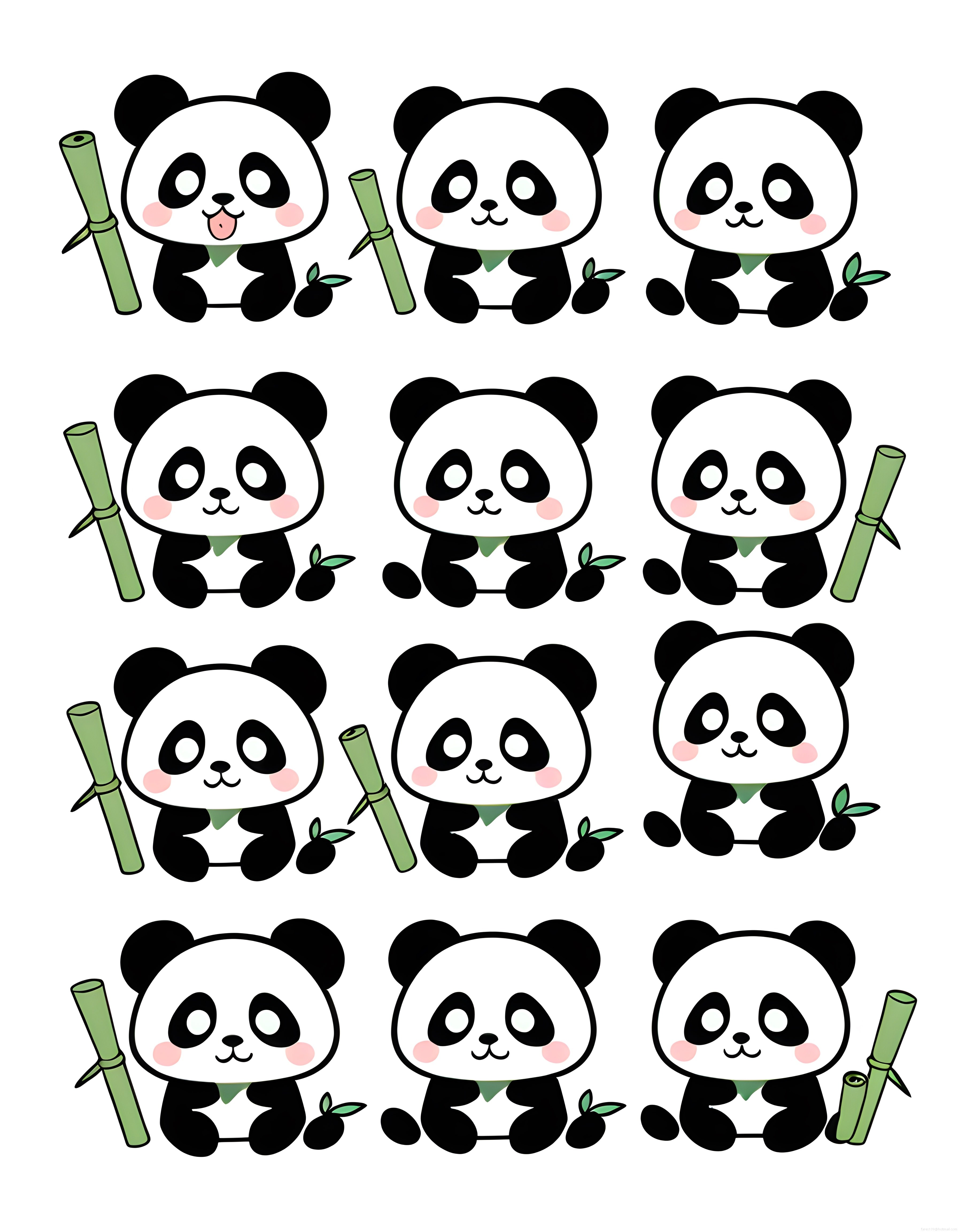 Sevimli Kawaii Panda ve Yeşil Bambu Vektör Çizim Seti: Dokuz Farklı Poz