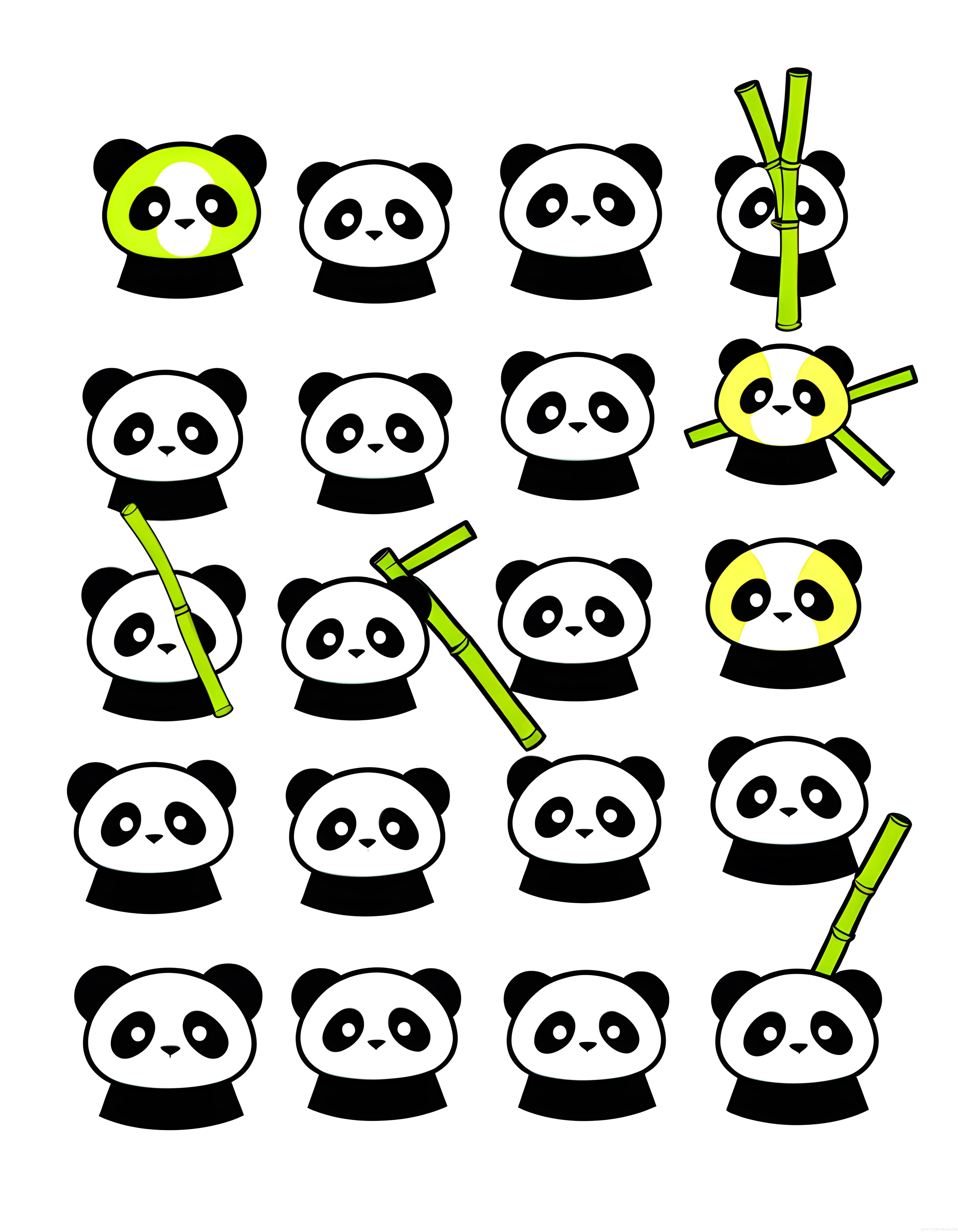 Sevimli Kawaii Panda Yüzleri ve Bambu Çubuklarından Oluşan Vektör Karakter Seti