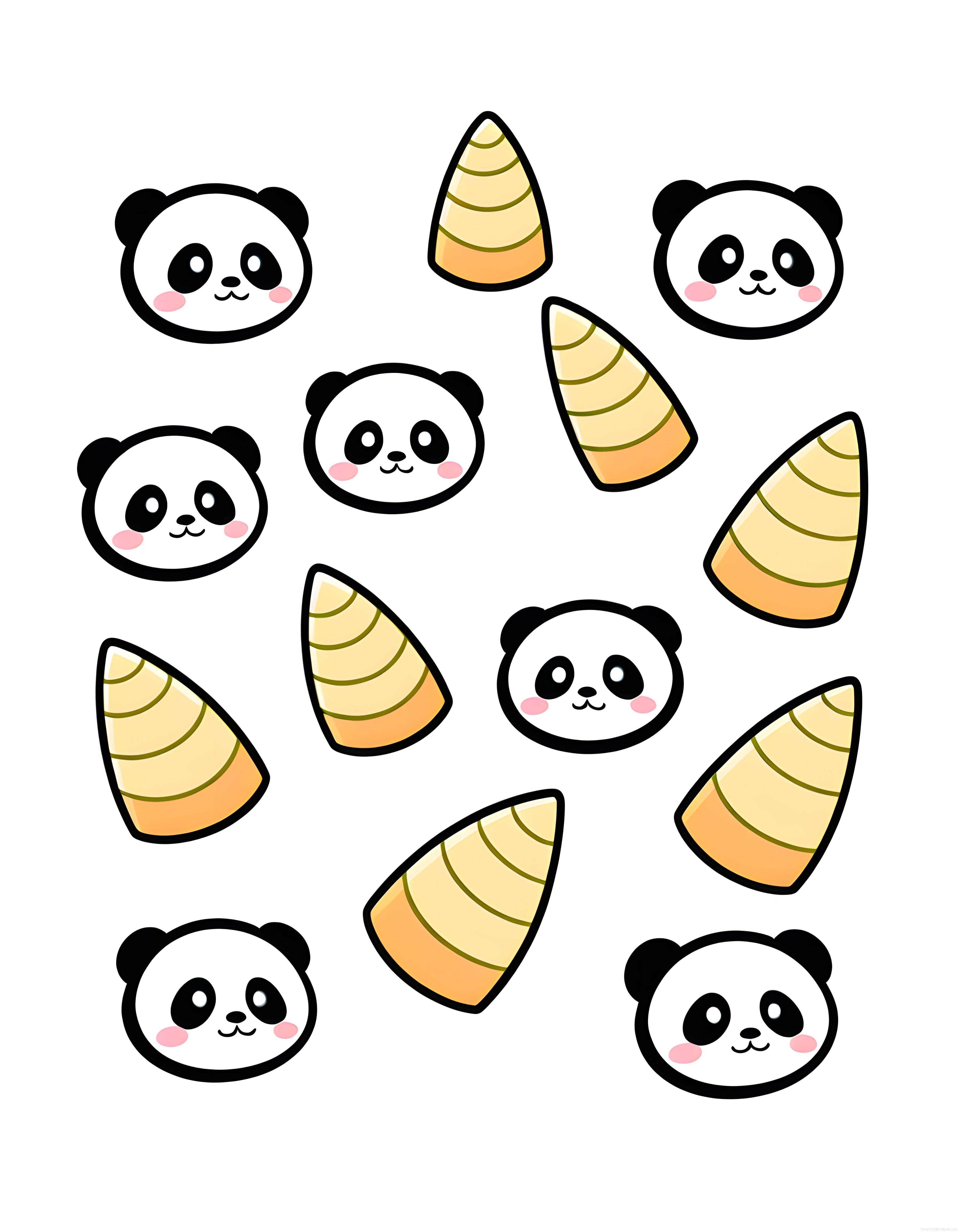 Sevimli kawaii panda yüzleri ve bambu filizleriyle süslenmiş dijital desen